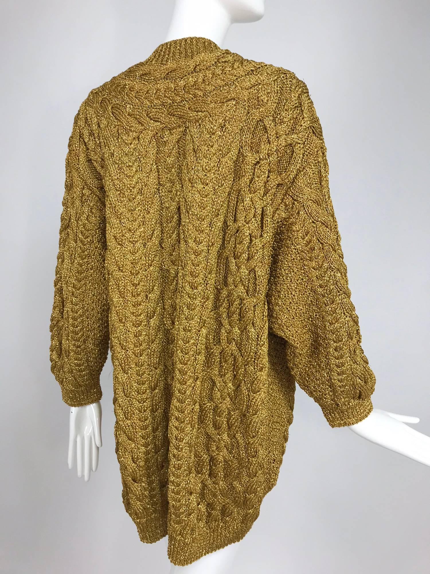 Brown Anne Klein chunky gold metallic knit cardigan sweater 1990s