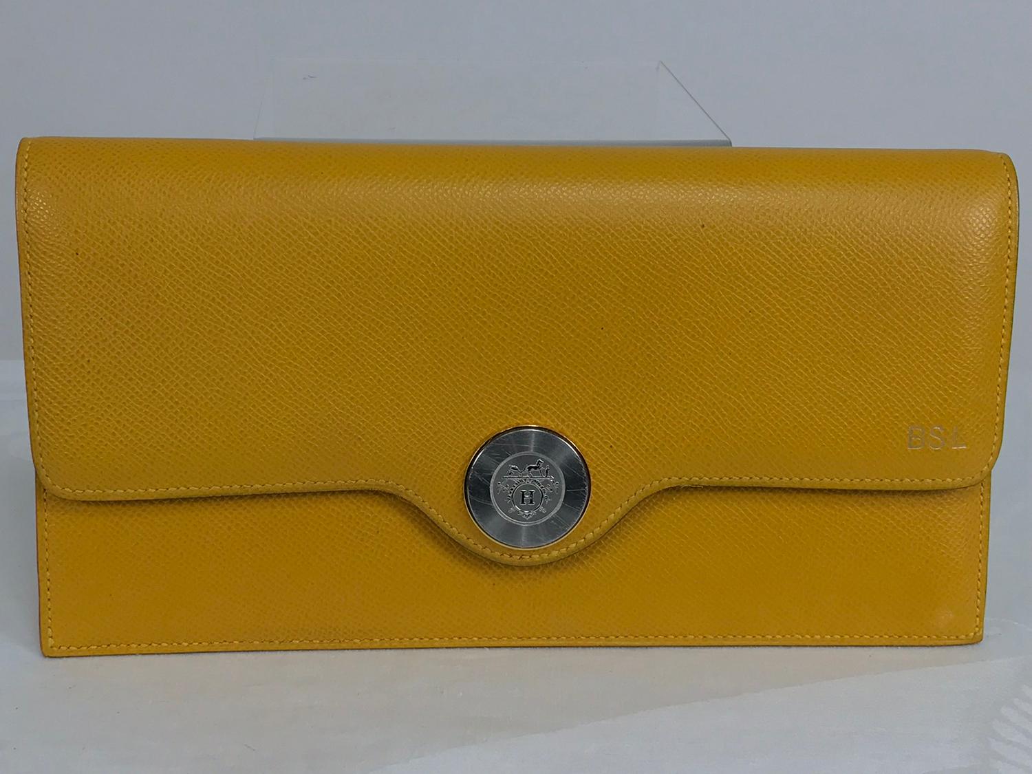 Hermes Mustard yellow pebbled leather clutch For Sale 1