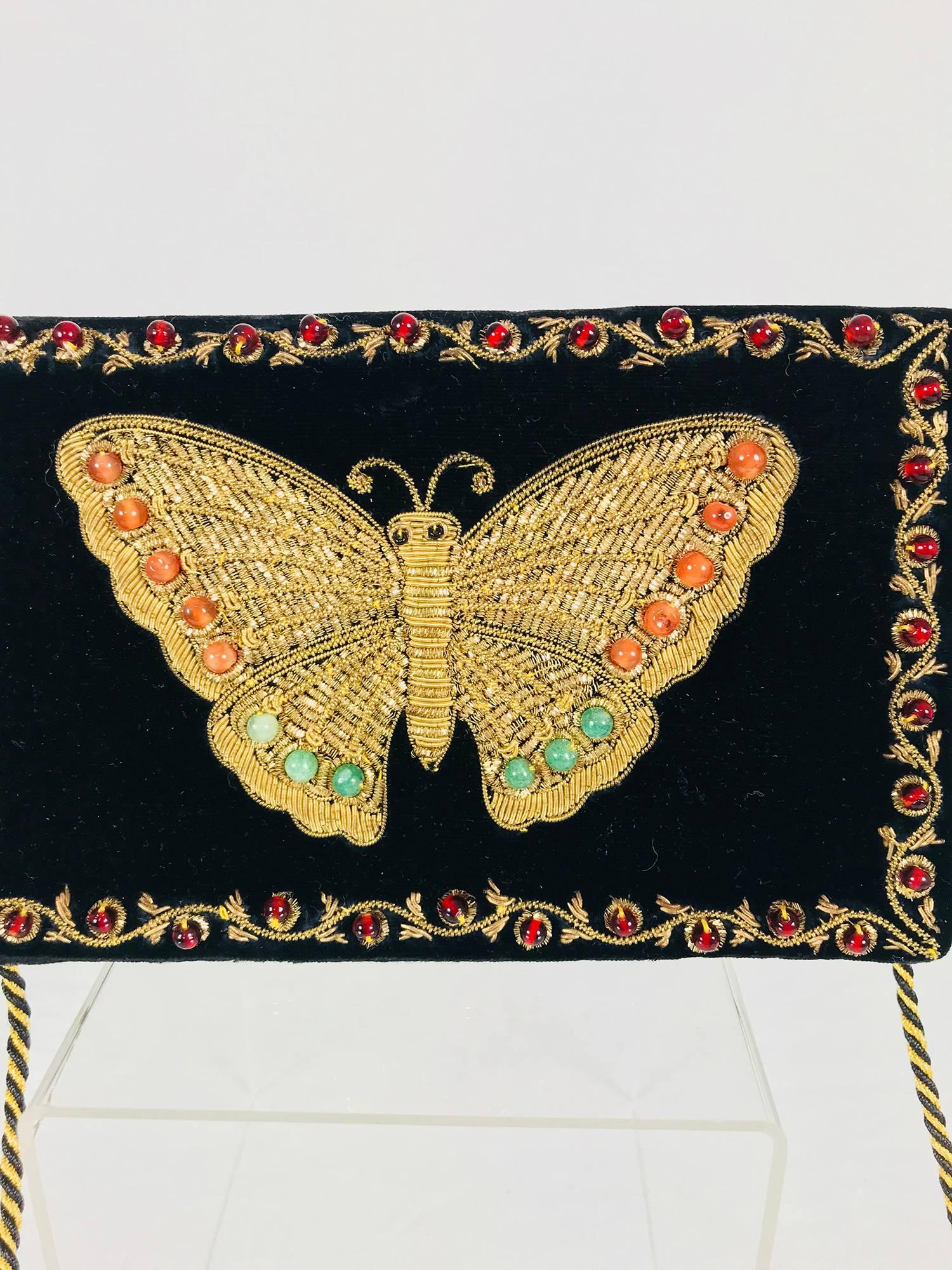 Jewel bead gold bouillon black velvet embroidered butterfly evening bag from the 1970s. Unique shoulder bag similar to bags done in India for Yves Saint Laurent in the 1970s. This bag is in excellent condition. Black velvet is heavily embroidered at