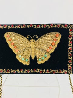 Jewel bead gold bouillon embroidered butterfly evening bag 1970s