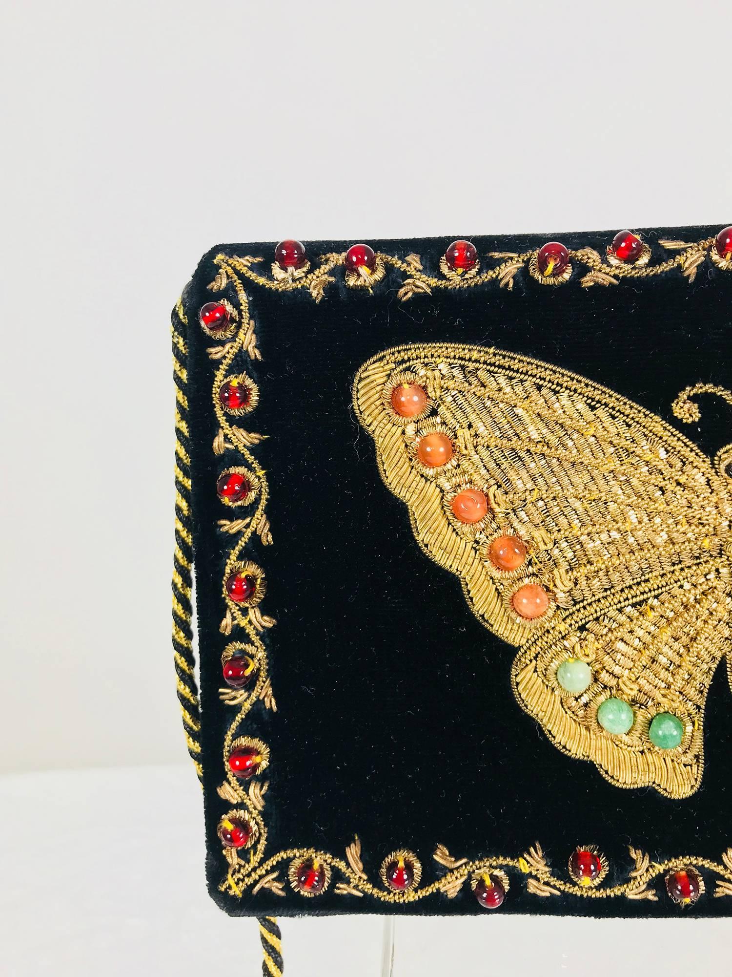 Black Jewel bead gold bouillon embroidered butterfly evening bag 1970s
