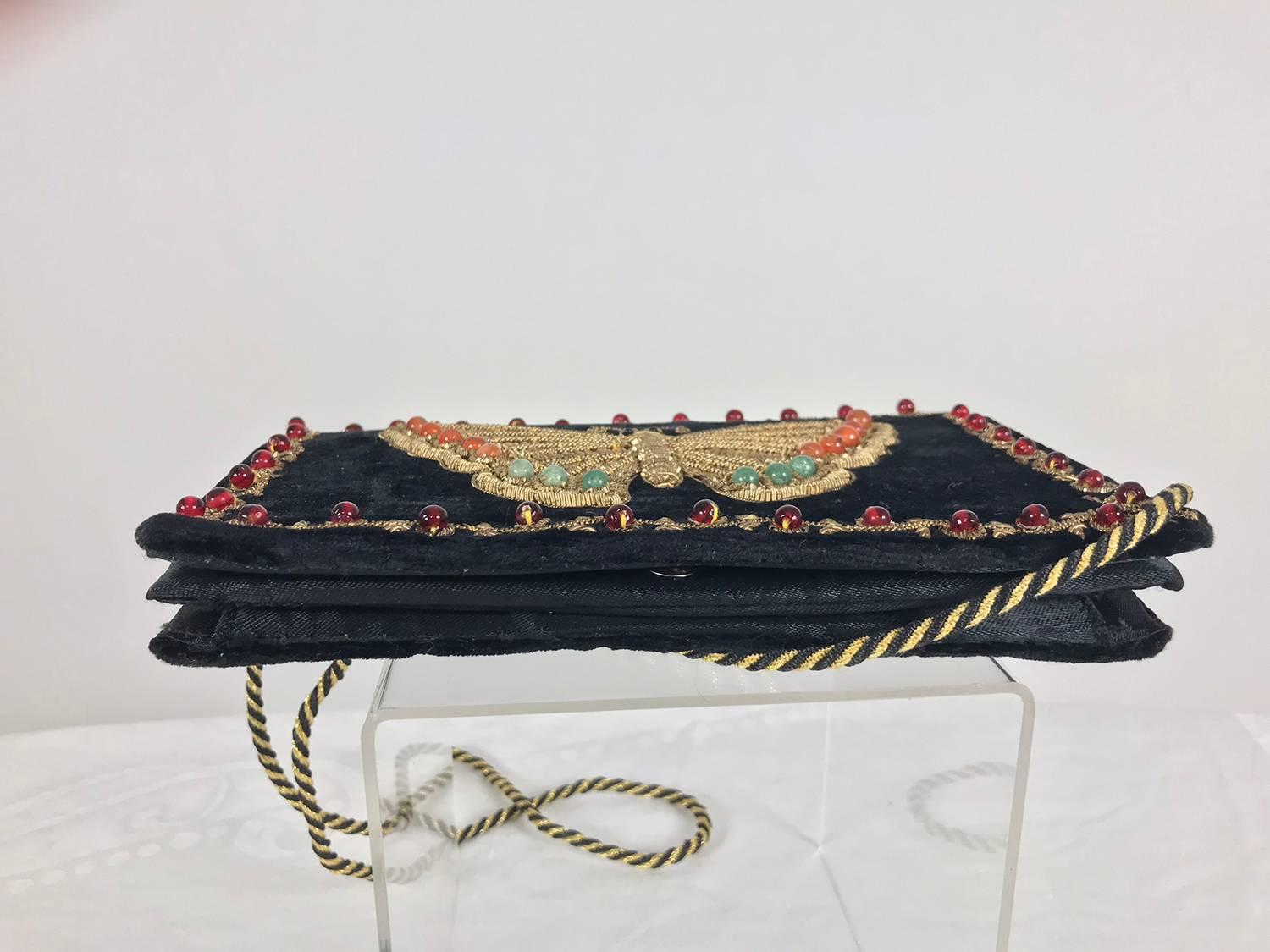 Jewel bead gold bouillon embroidered butterfly evening bag 1970s 2