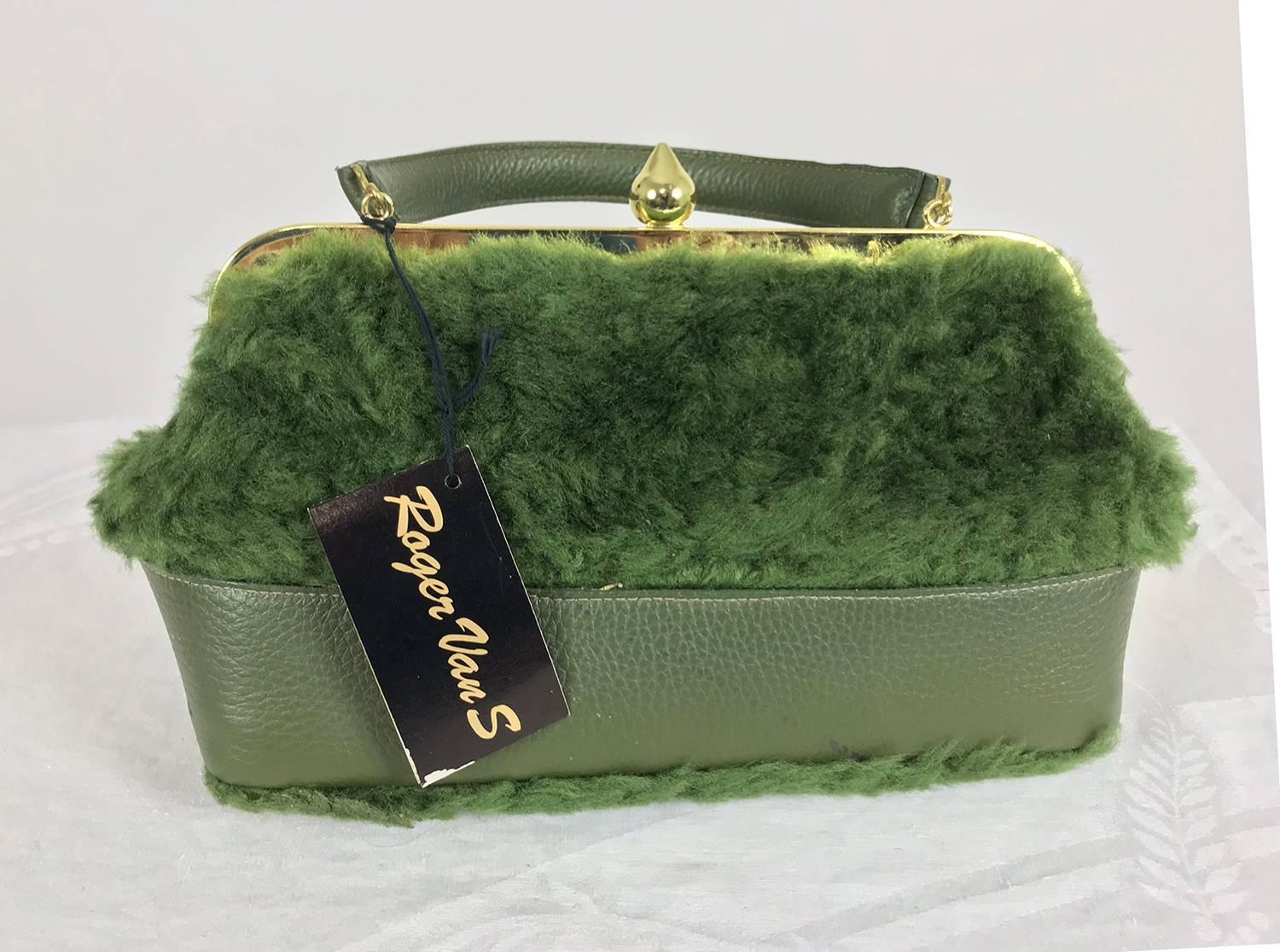 Roger Van S avocado green leather and faux fur handbag with gold hardware from the 1960s new with tags. 1940s and 50s fashion model Doris Bryn and husband Roger Van Shoyck began an accessories line after they met at the University of Cincinnati. The