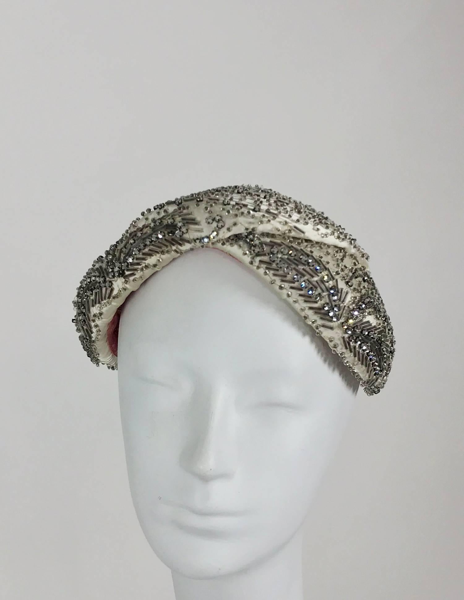 Gray Designed by Lora rhinestone and beaded cocktail hat, 1950s