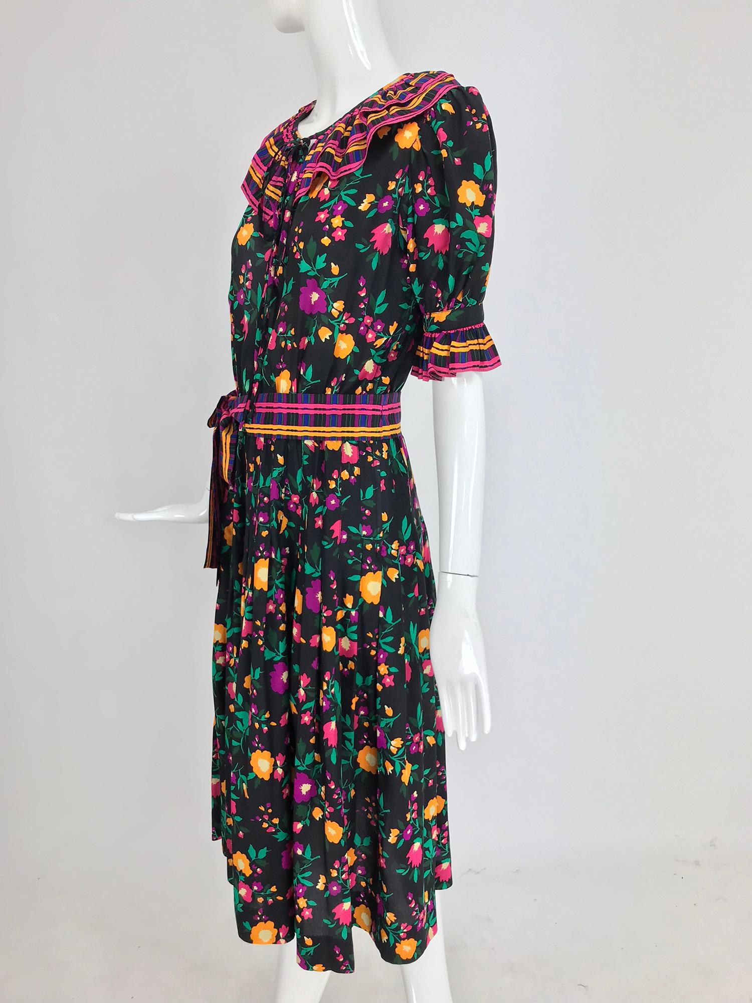 Black Yves Saint Laurent Rive Gauche floral silk mix print dress 1970s