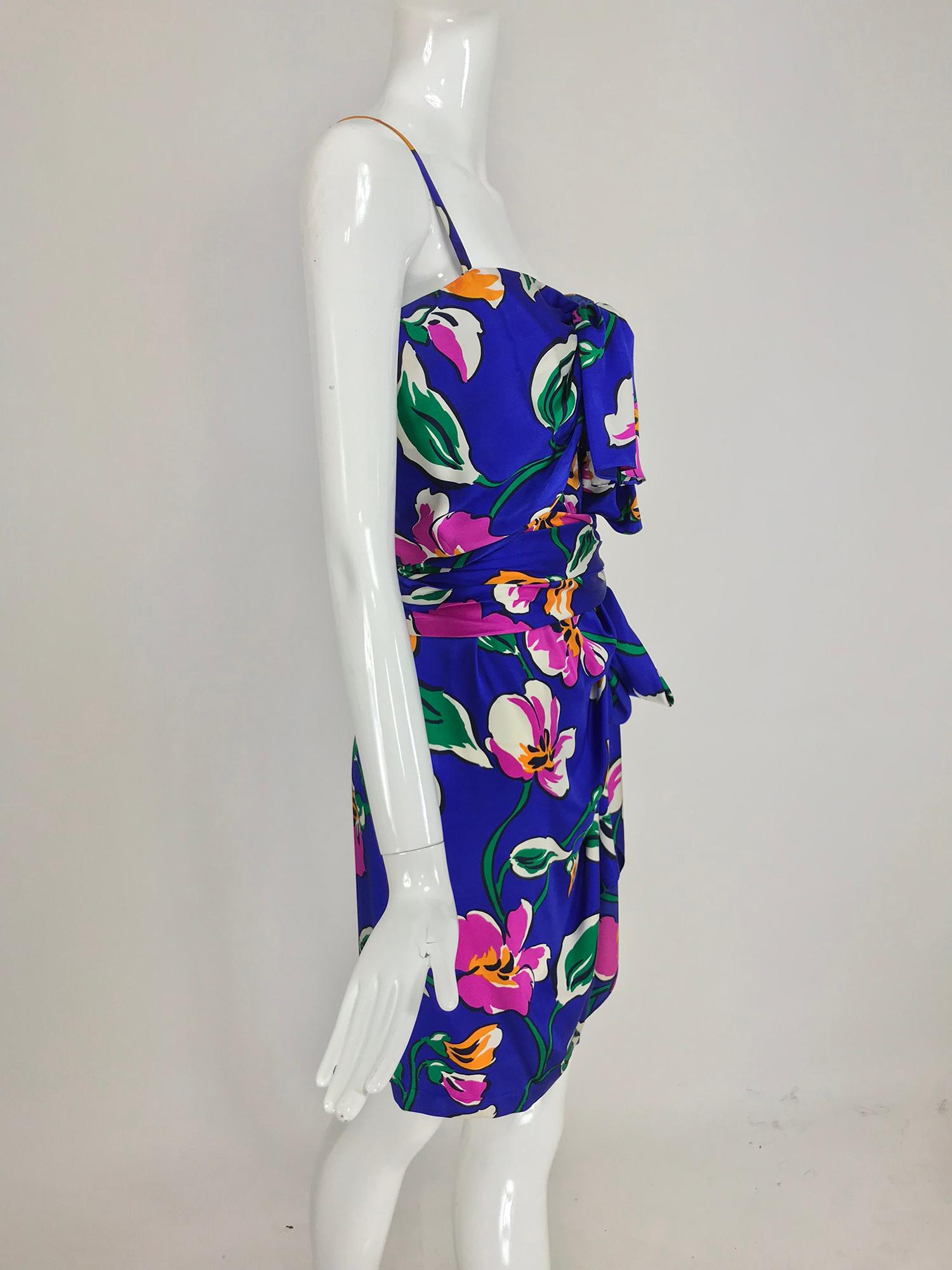 Purple Givenchy tropical silk satin sarong dress 1980s