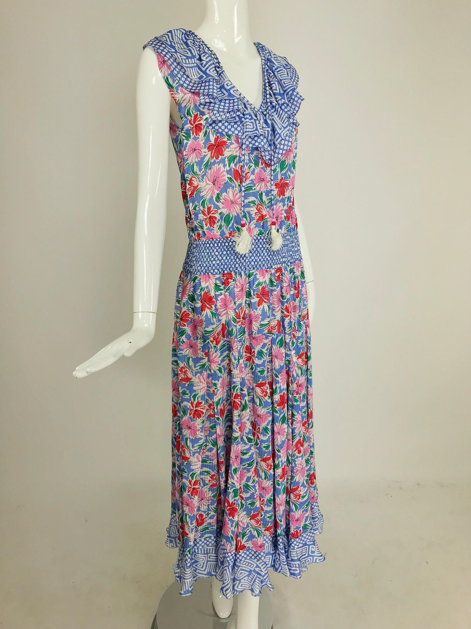 Gray Diane Fres smocked waist mixed print floral midi dress 1980s