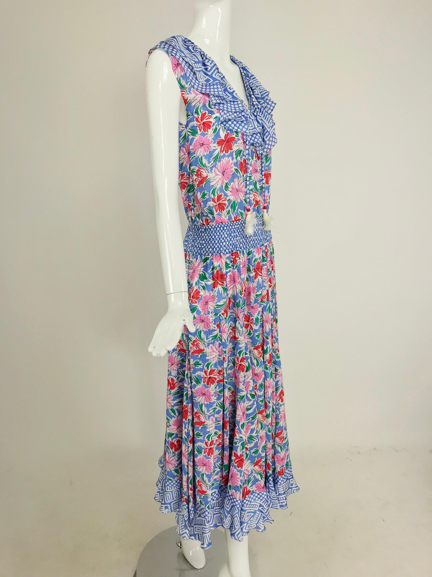 Diane Fres smocked waist mixed print floral midi dress 1980s In Excellent Condition In West Palm Beach, FL