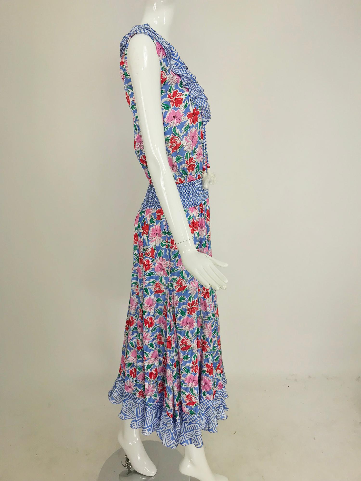 Women's Diane Fres smocked waist mixed print floral midi dress 1980s
