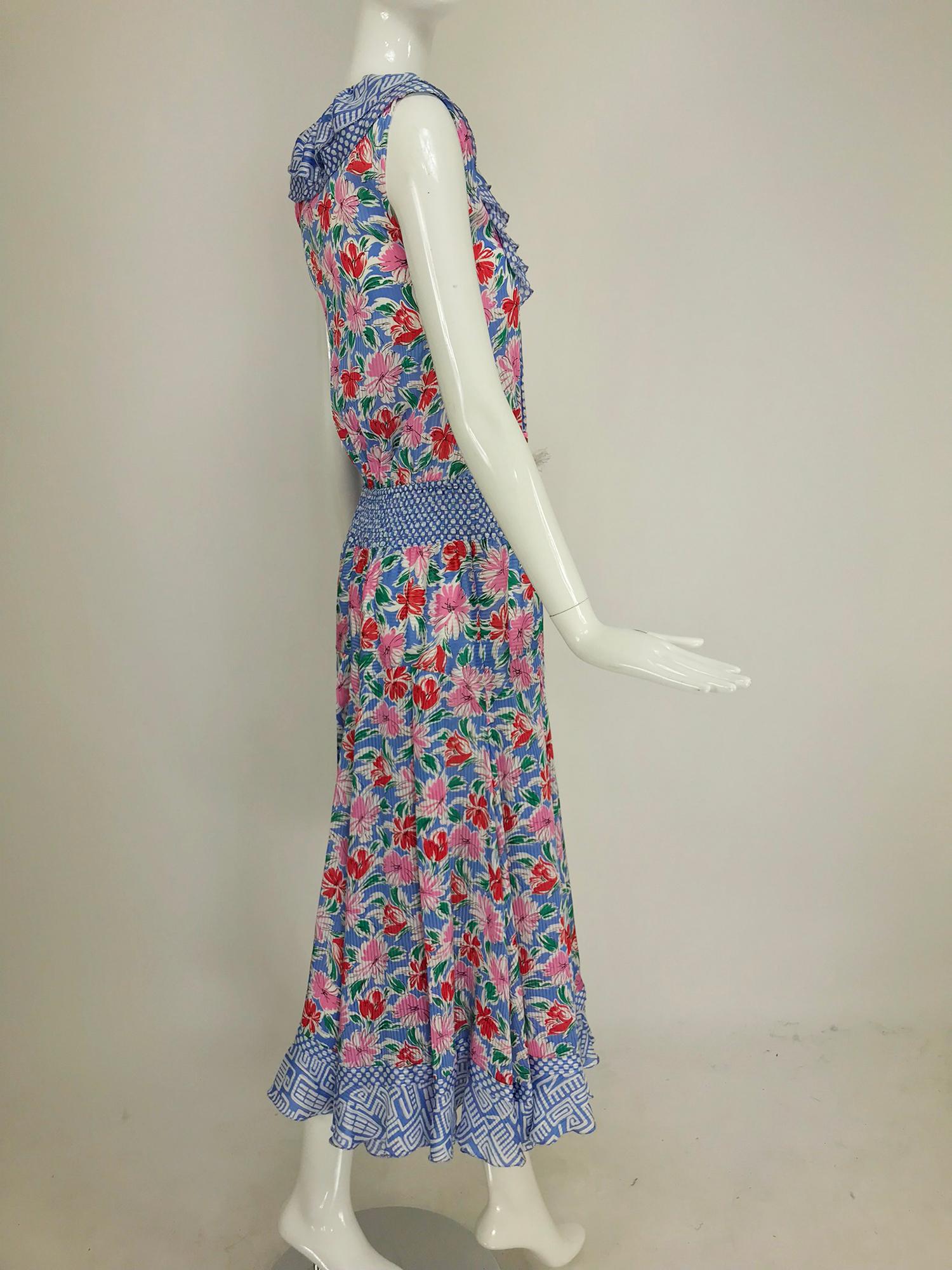 Diane Fres smocked waist mixed print floral midi dress 1980s 1