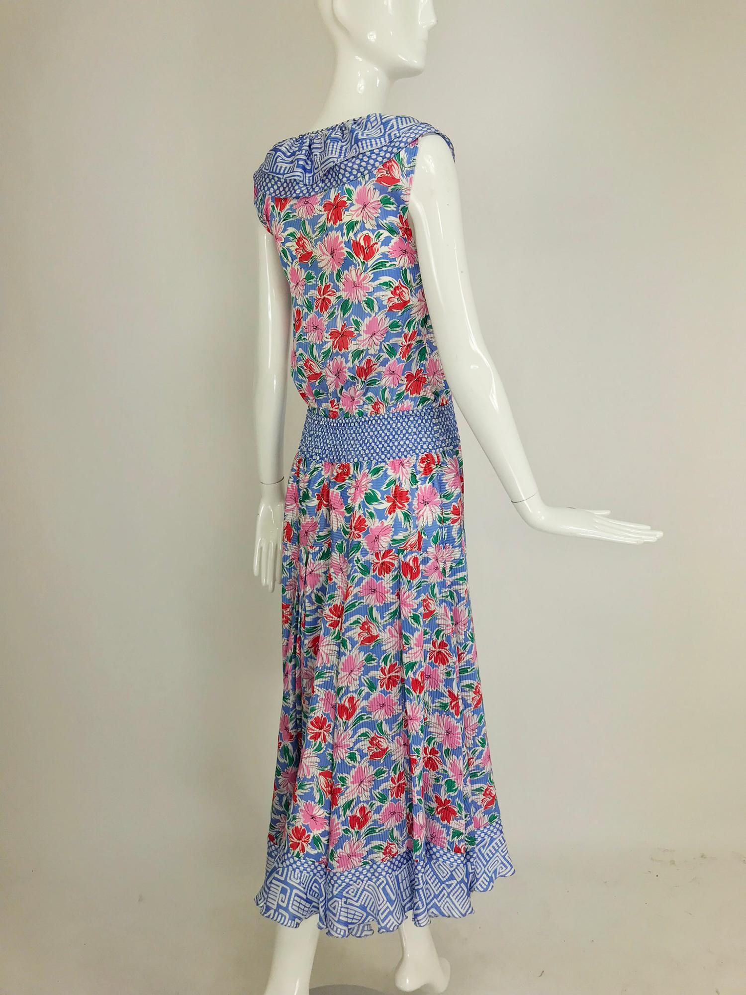Diane Fres smocked waist mixed print floral midi dress 1980s 2