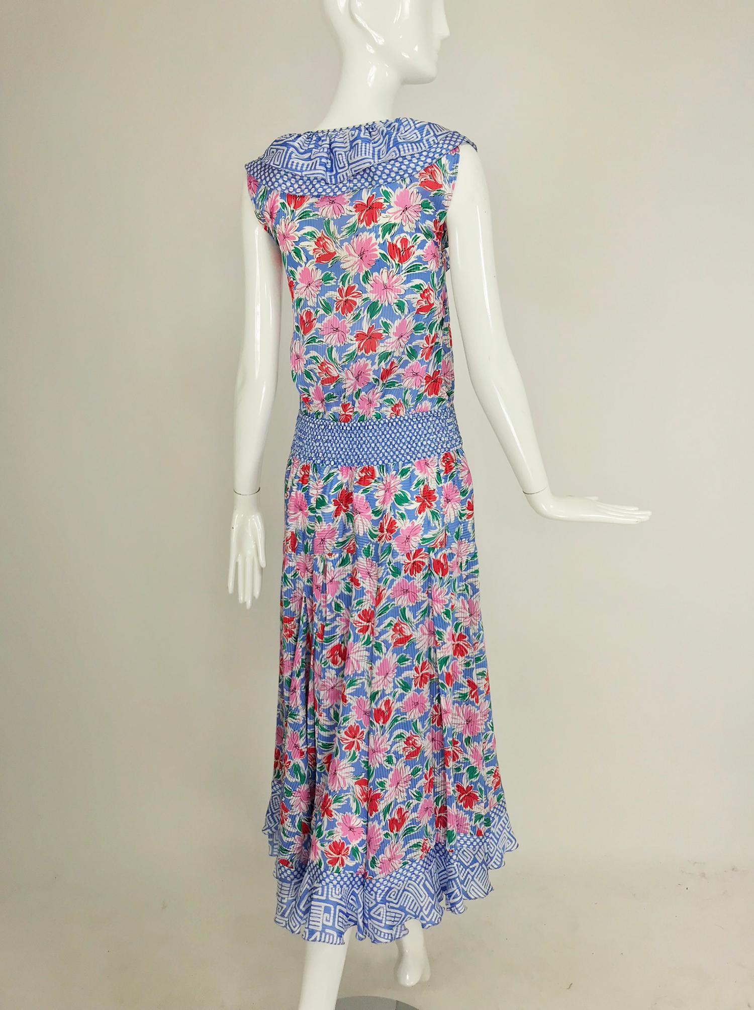 Diane Fres smocked waist mixed print floral midi dress 1980s 3
