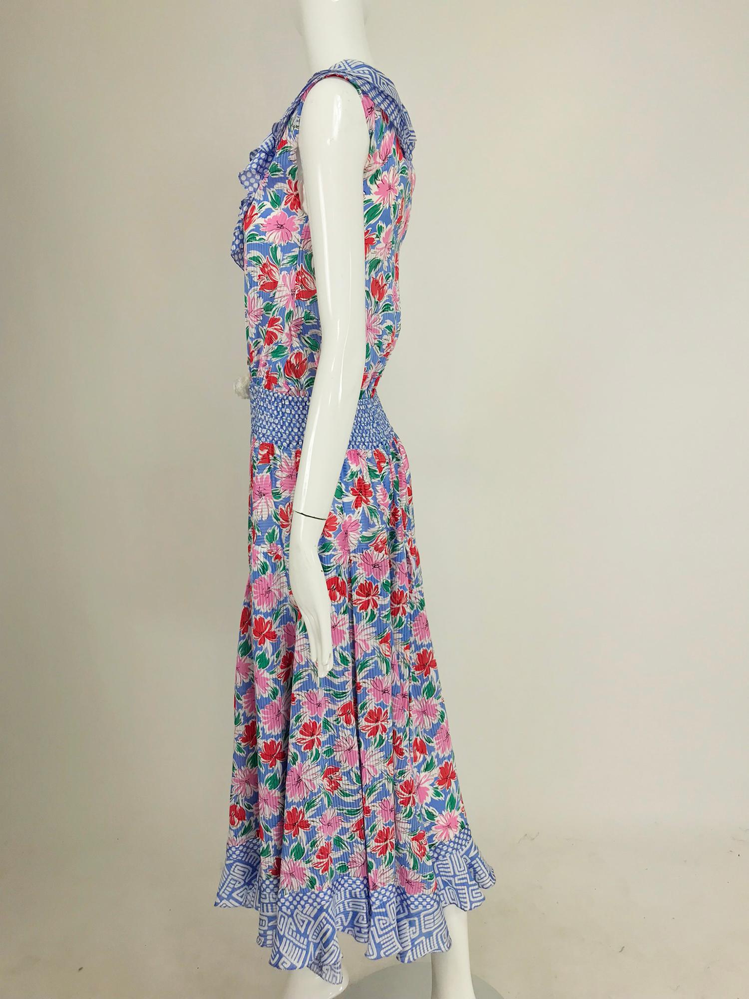 Diane Fres smocked waist mixed print floral midi dress 1980s 6
