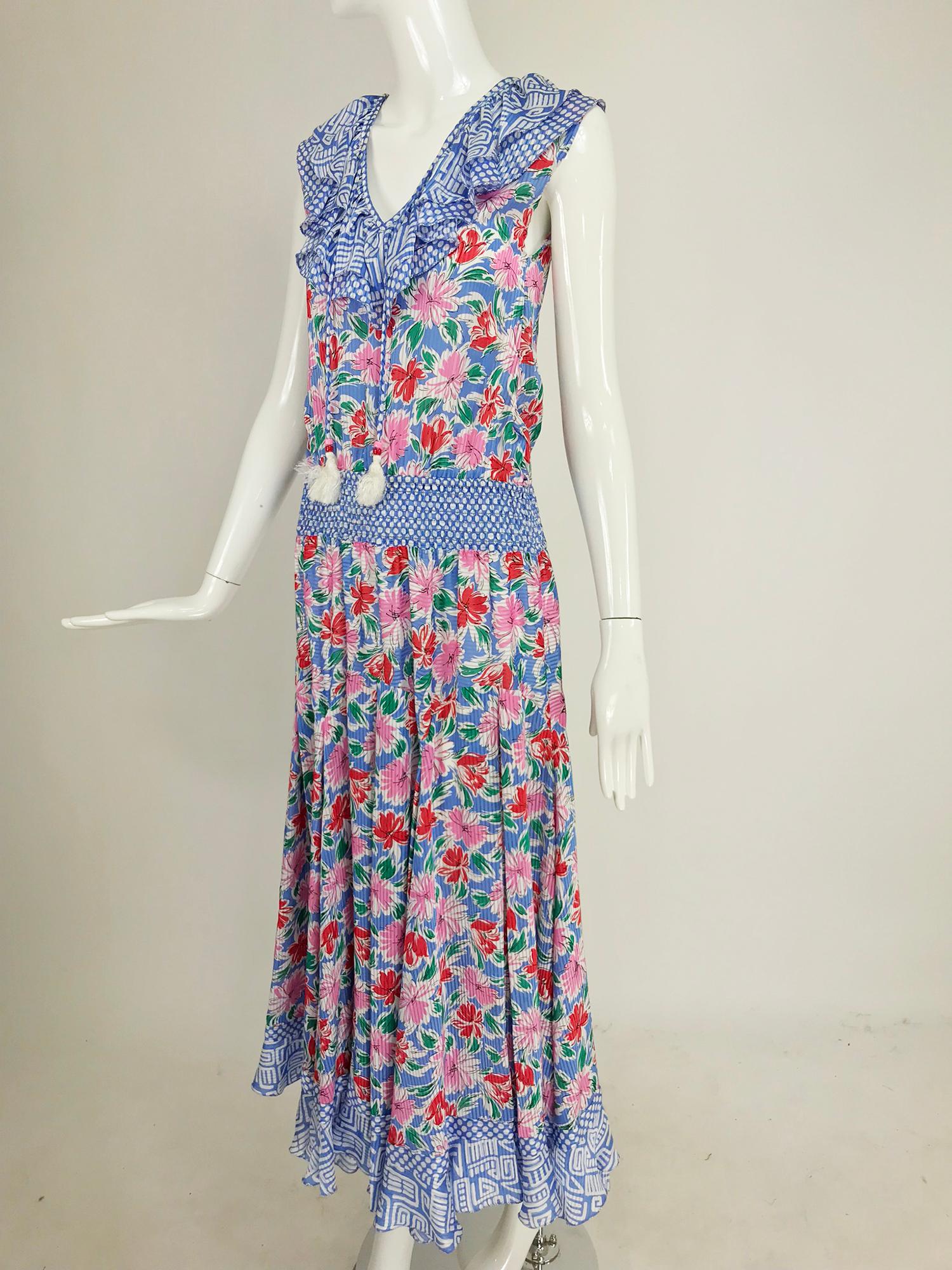 Diane Fres smocked waist mixed print floral midi dress 1980s 8