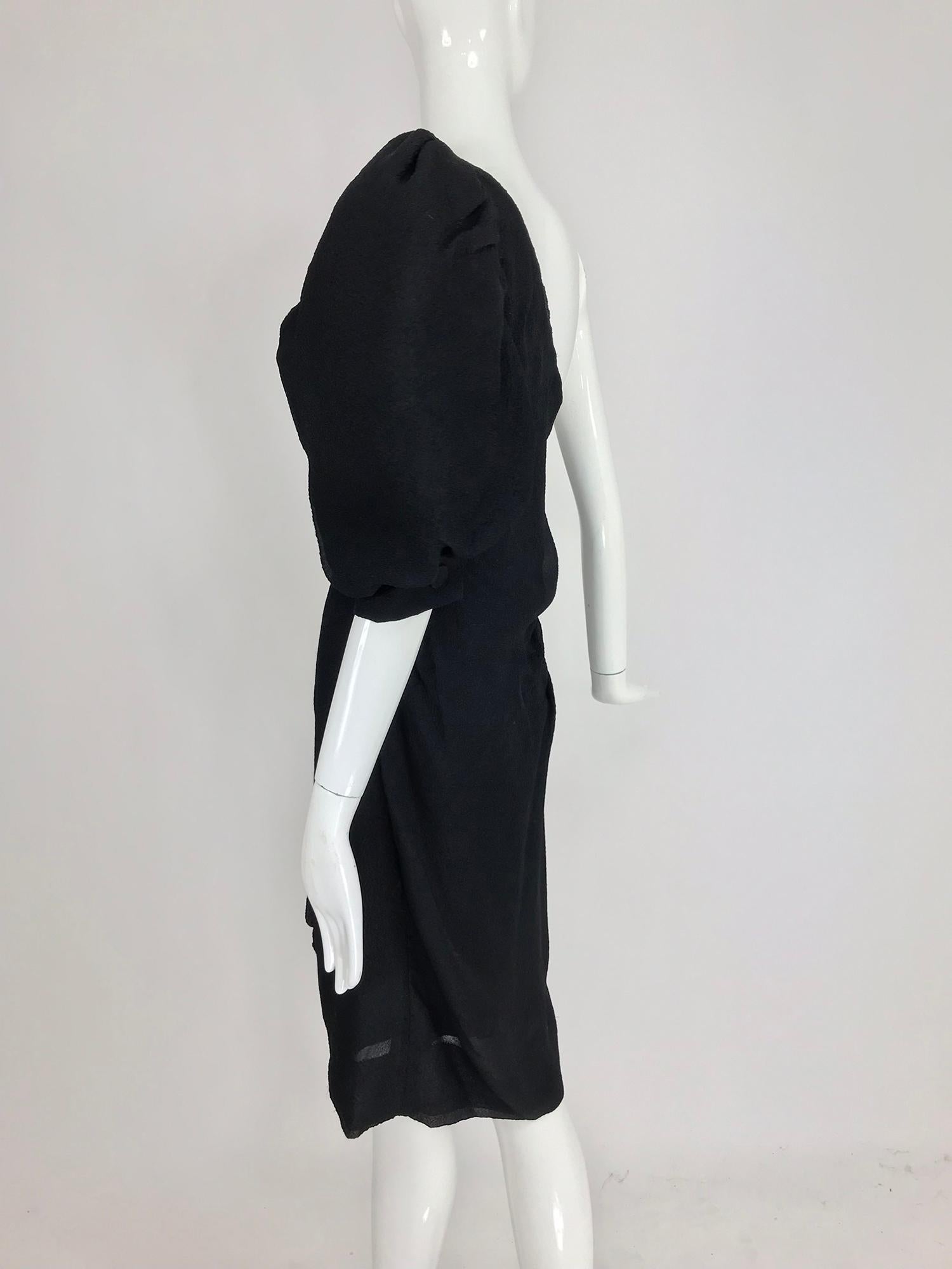 Women's Givenchy black matelassé silk one shoulder cocktail dress 1990s