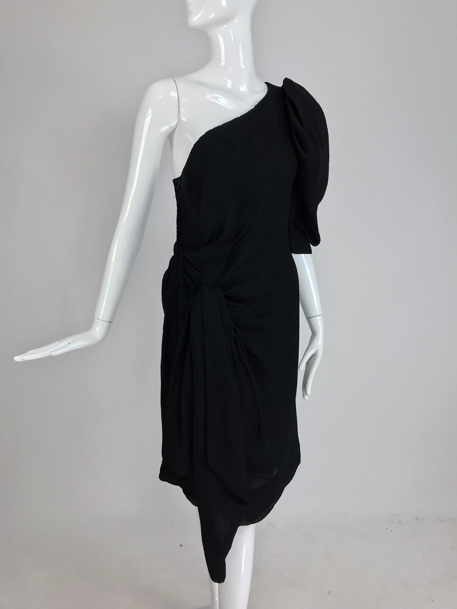 Givenchy black matelassé silk one shoulder cocktail dress 1990s 8