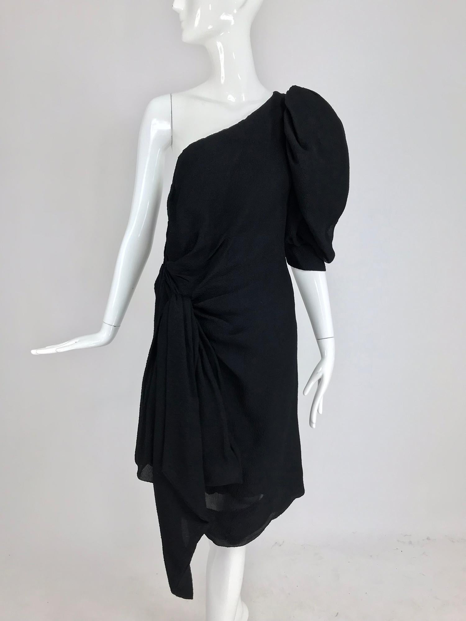 Givenchy black matelassé silk one shoulder cocktail dress 1990s 9