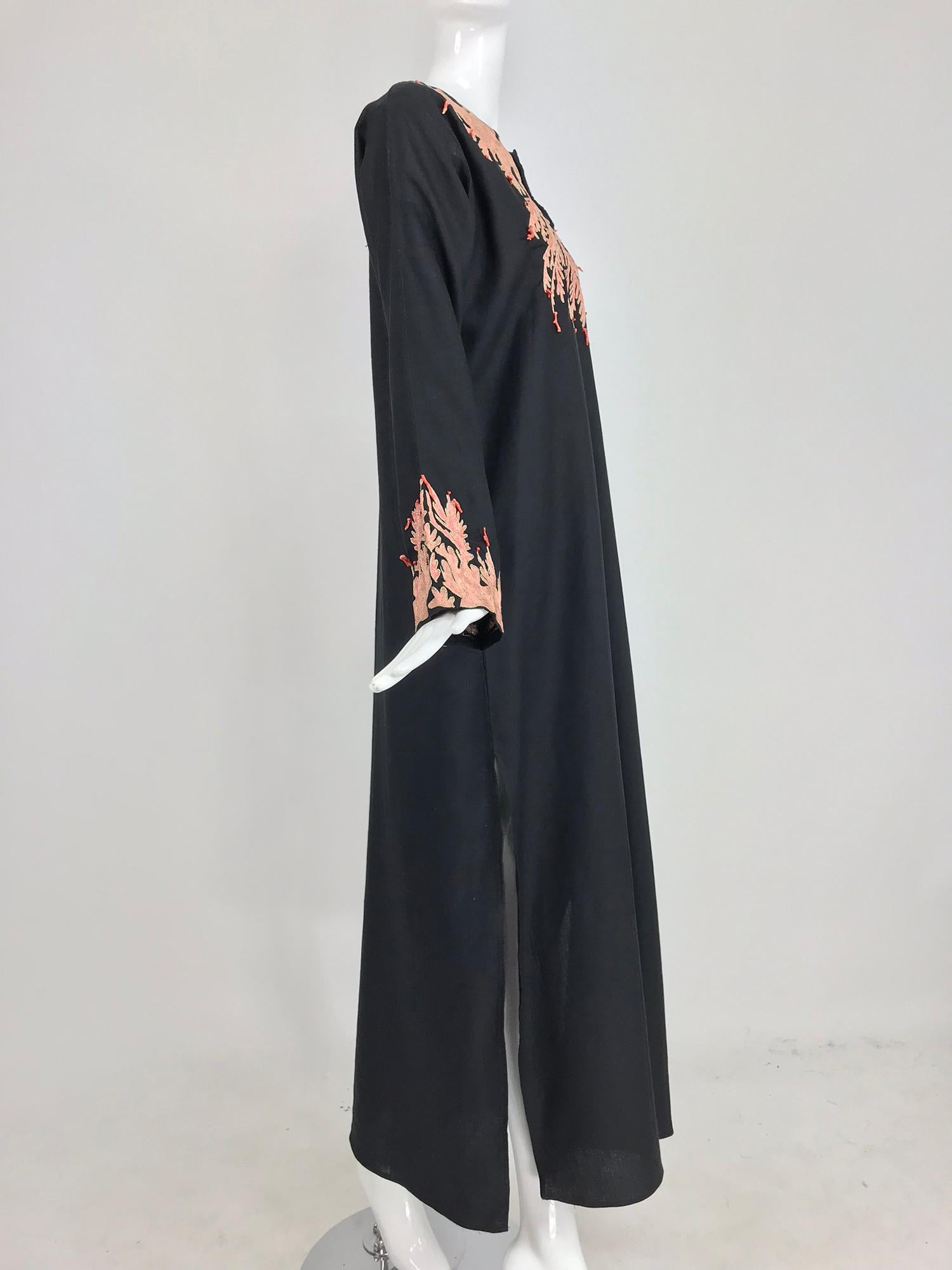 Black Jeannie McQueeny coral embroidered black linen caftan 