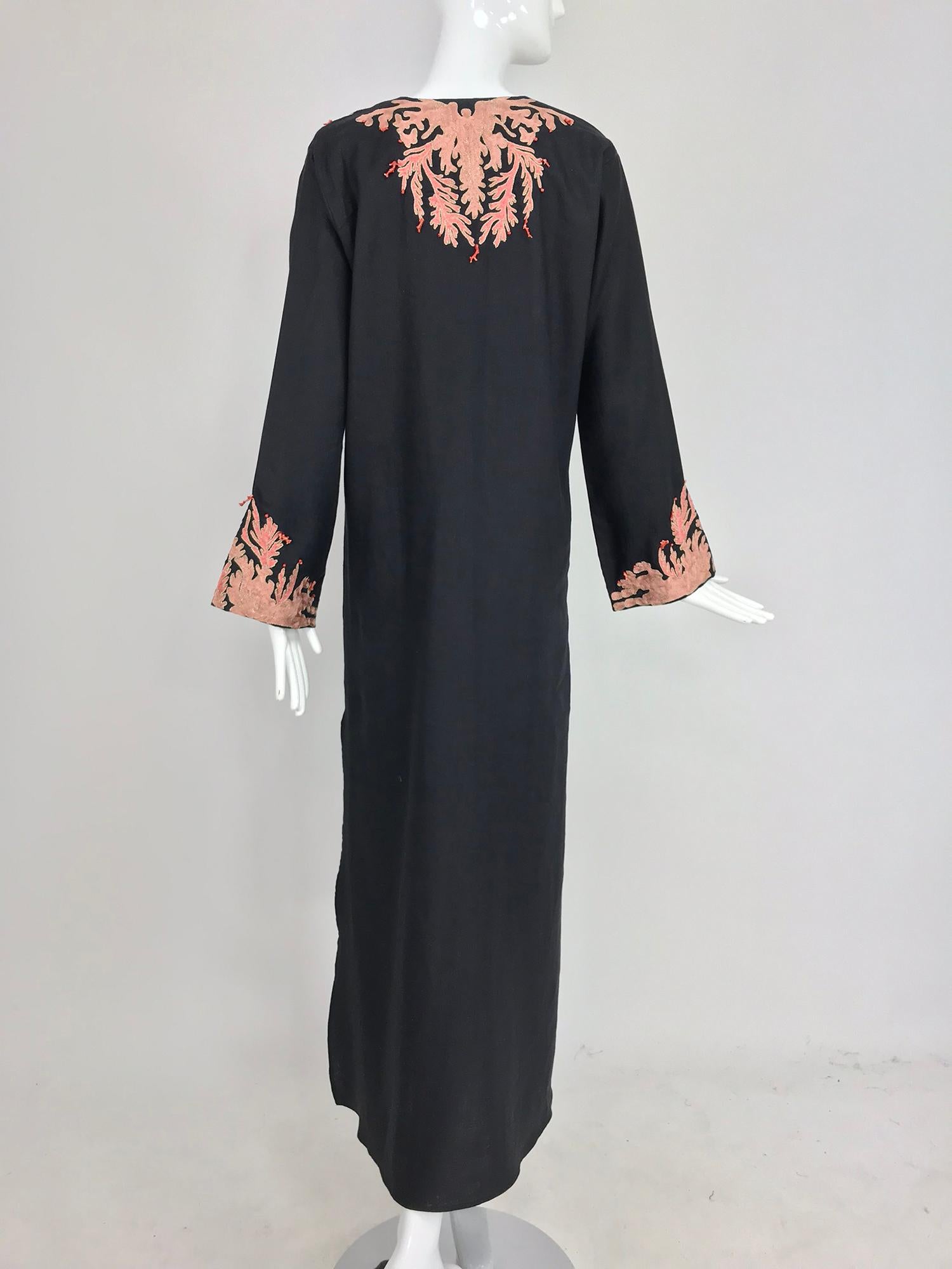 Jeannie McQueeny coral embroidered black linen caftan  1