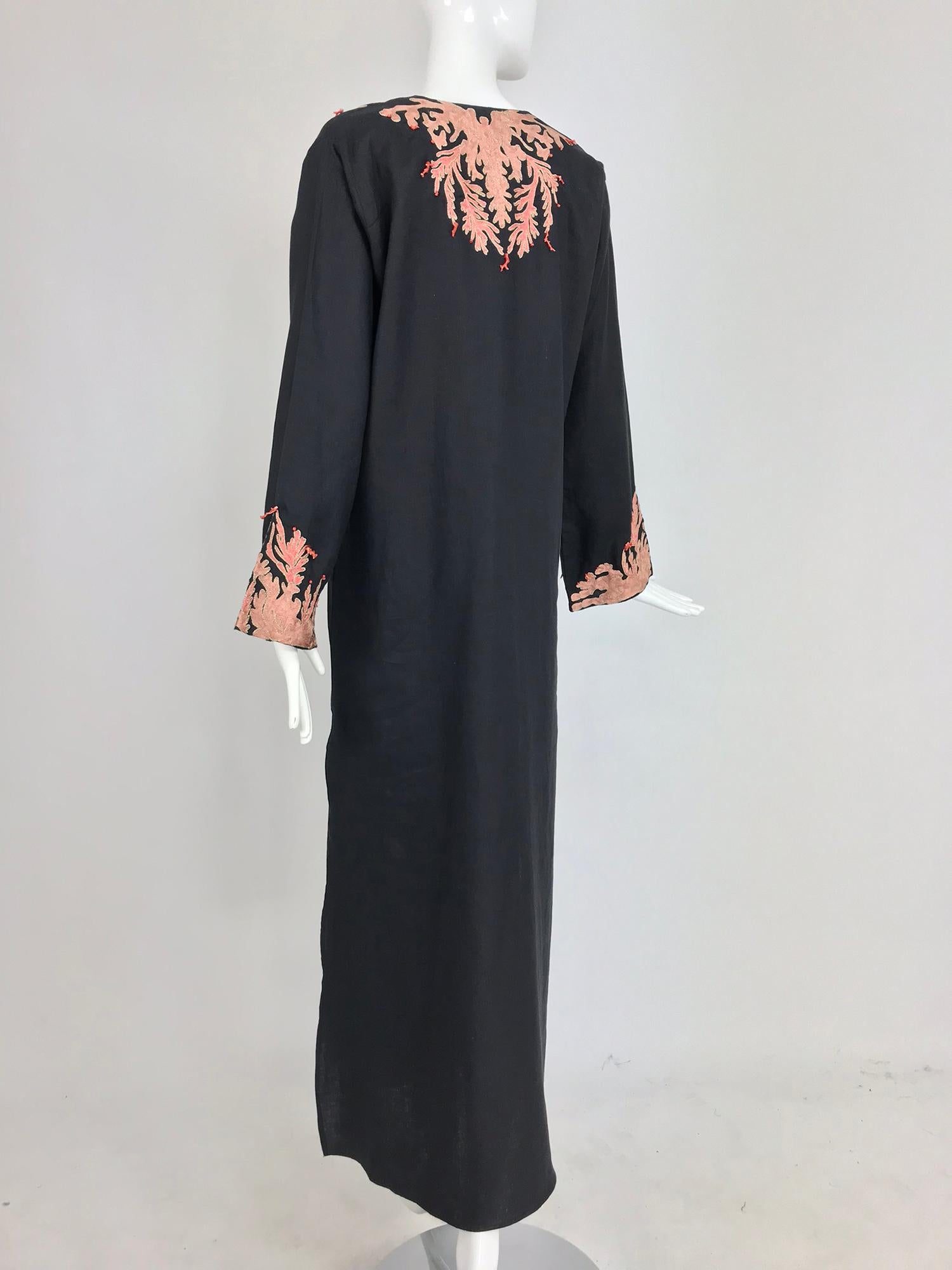 Jeannie McQueeny coral embroidered black linen caftan  2