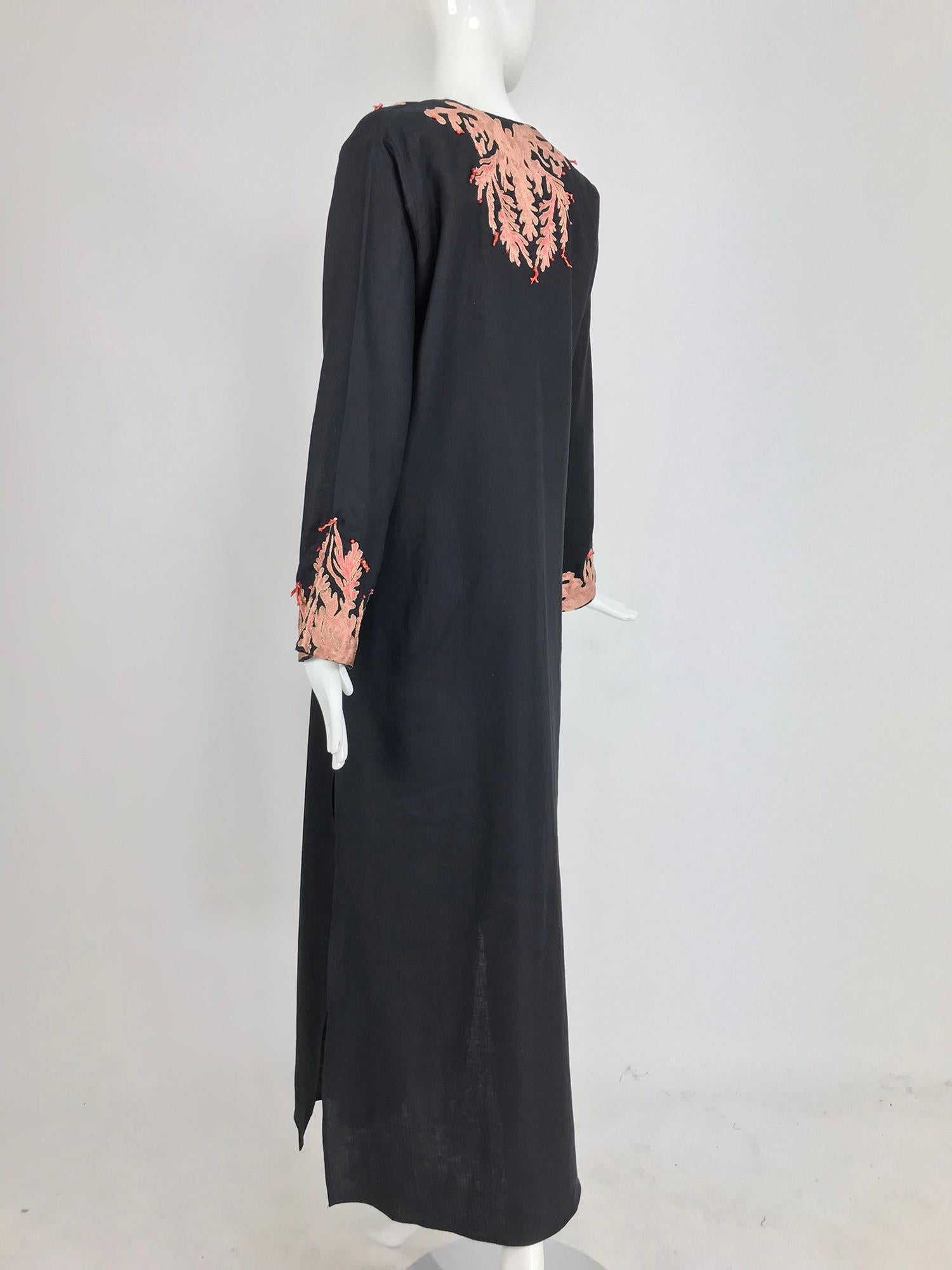 Jeannie McQueeny coral embroidered black linen caftan  3