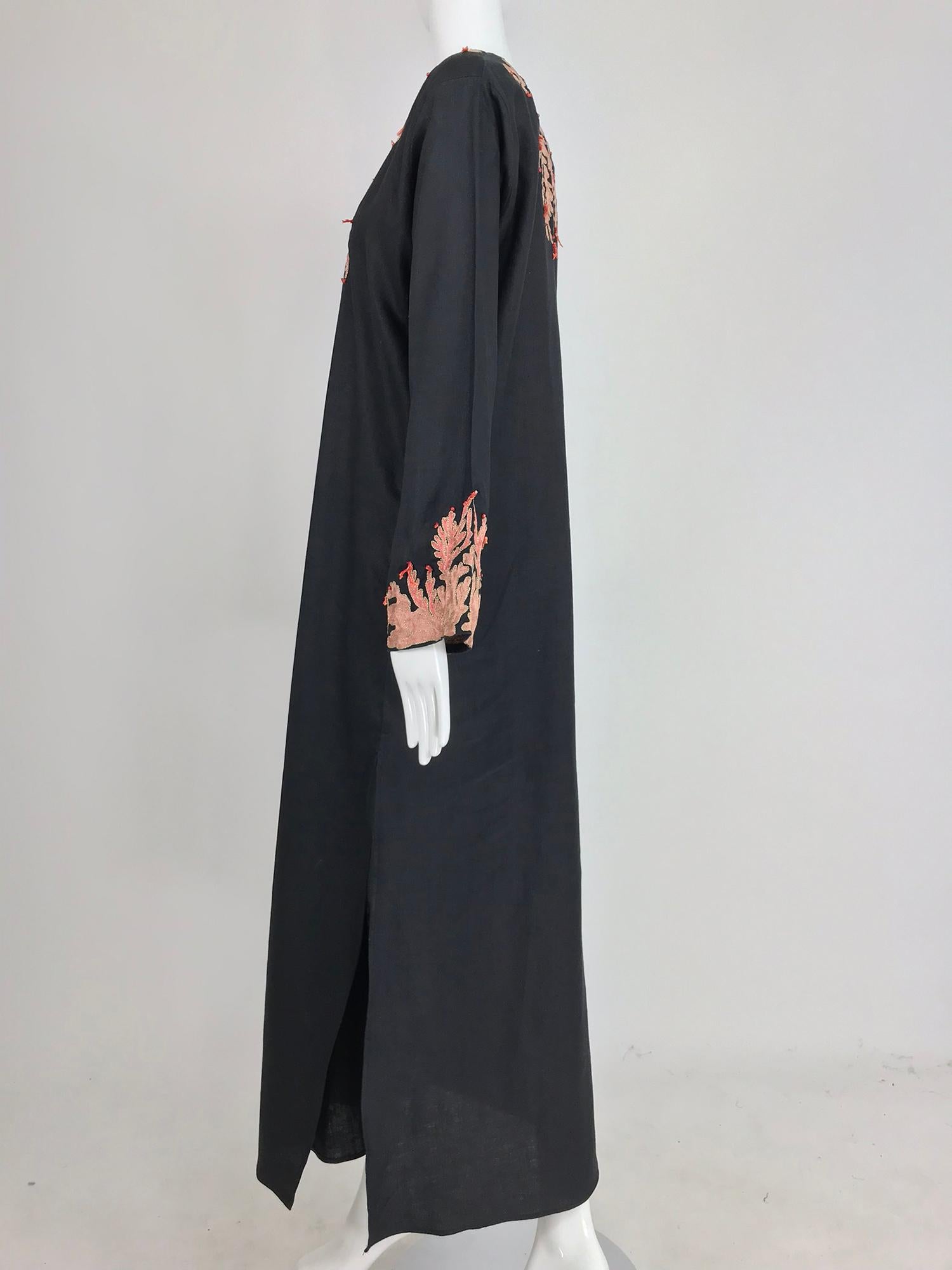 Jeannie McQueeny coral embroidered black linen caftan  4