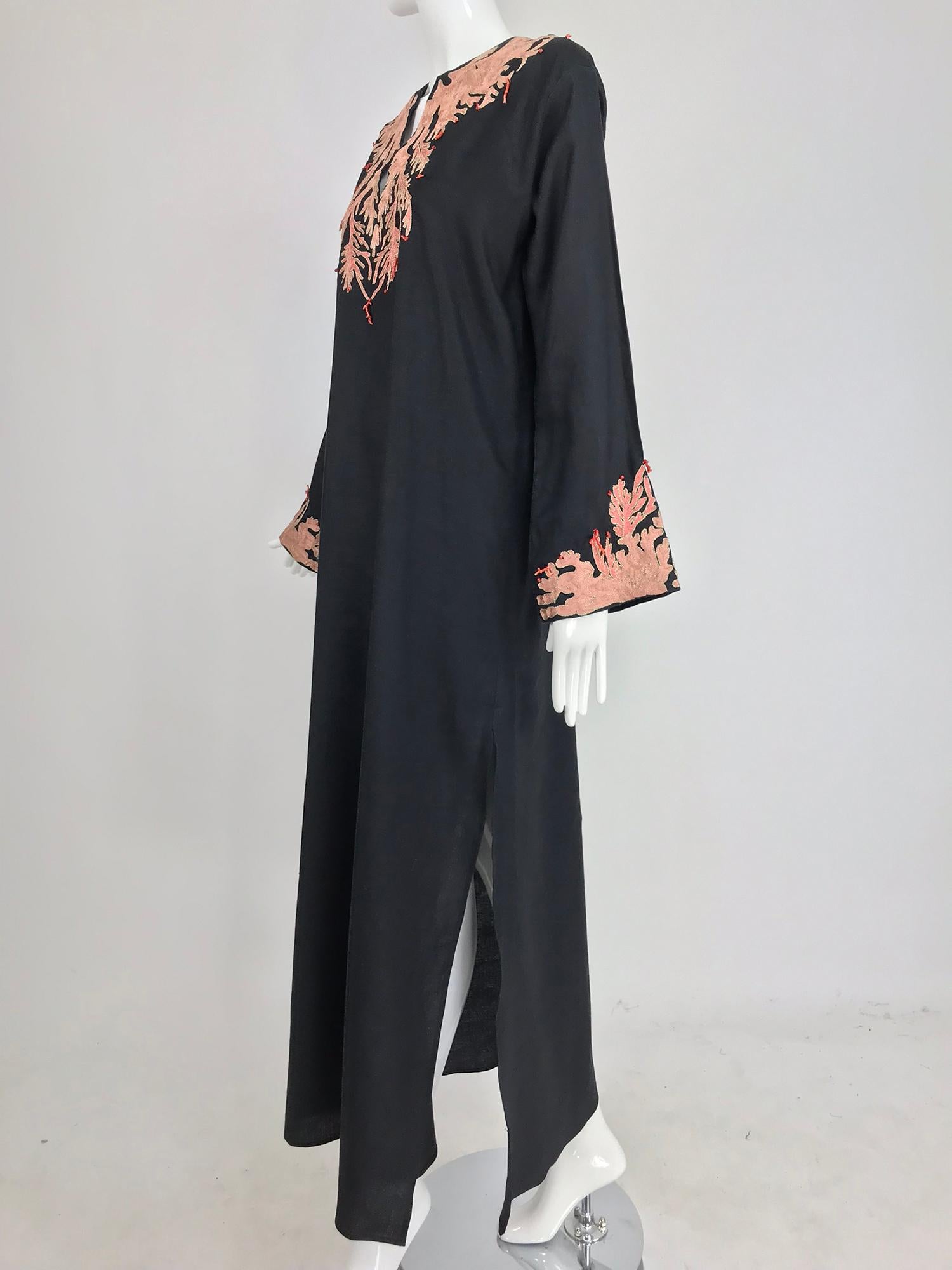 Jeannie McQueeny coral embroidered black linen caftan  5