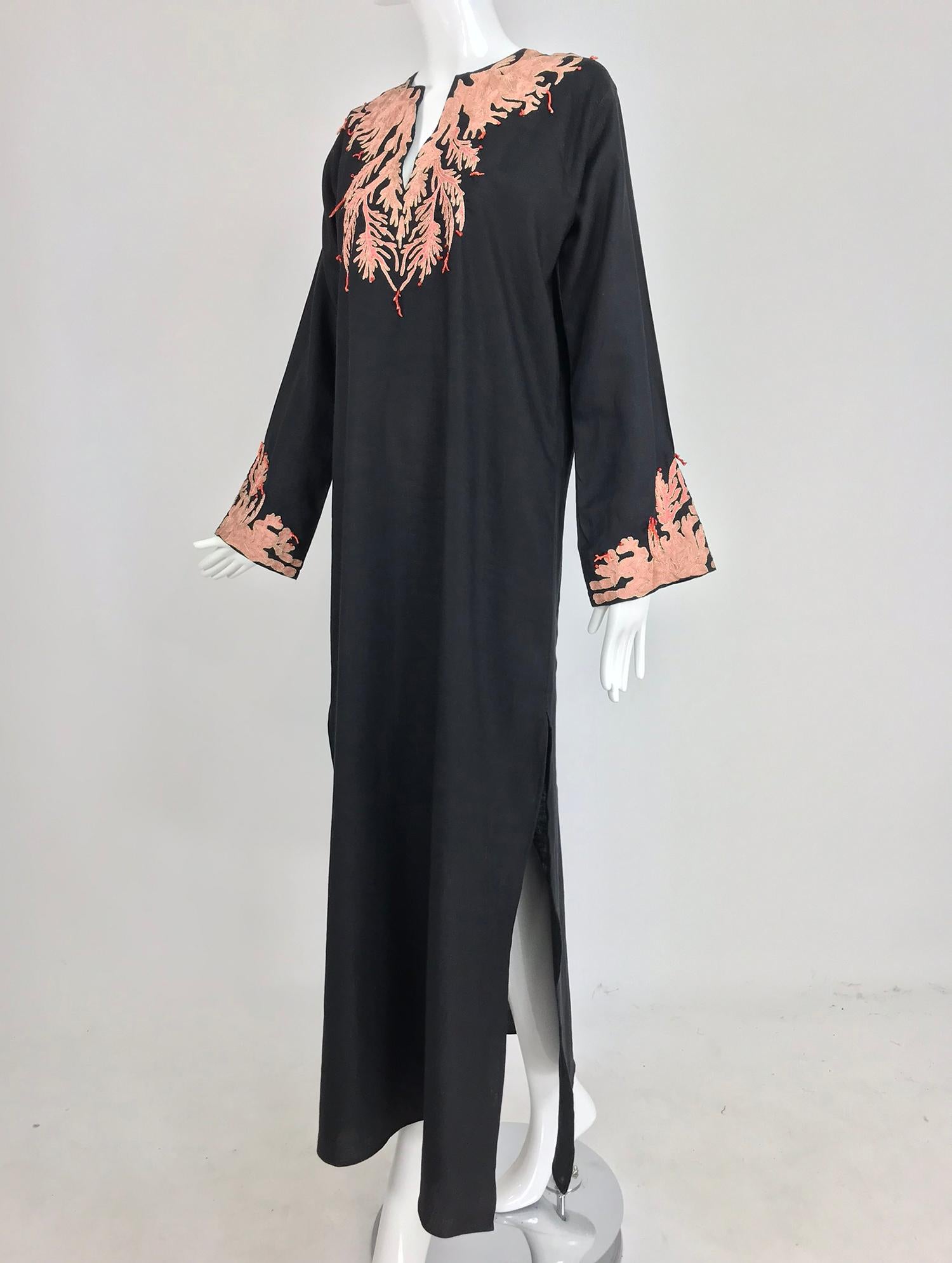 Jeannie McQueeny coral embroidered black linen caftan  6