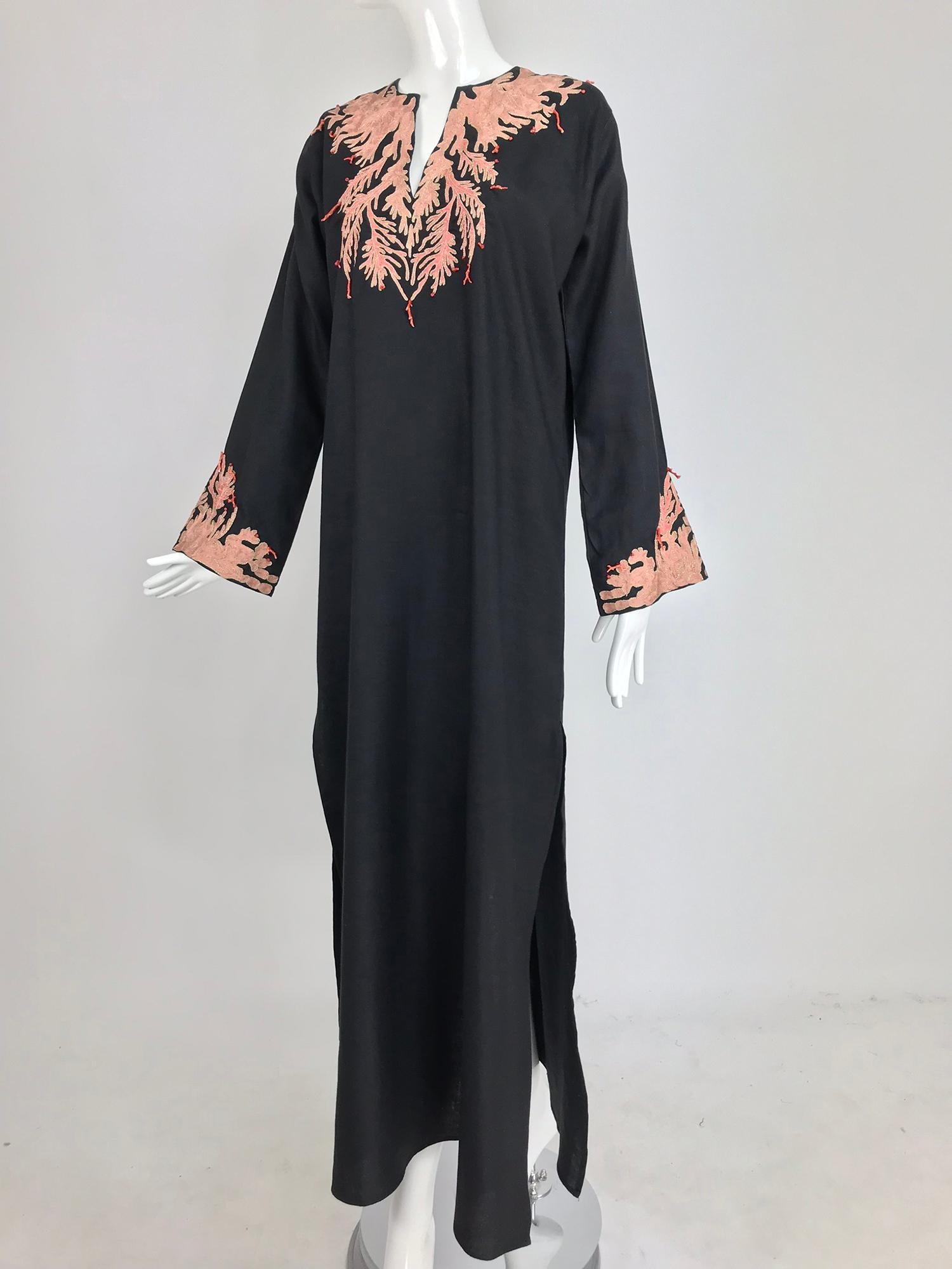 Jeannie McQueeny coral embroidered black linen caftan  7