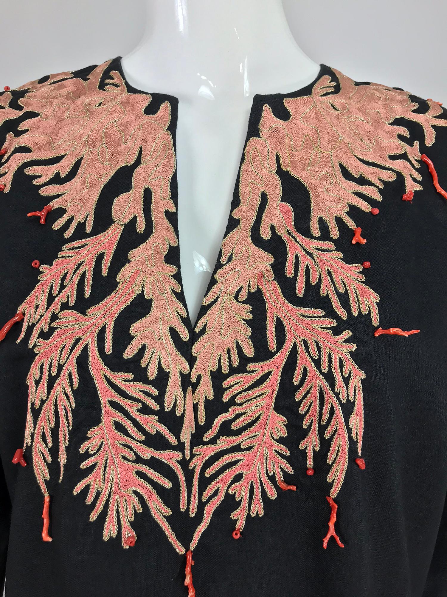 Jeannie McQueeny coral embroidered black linen caftan  9