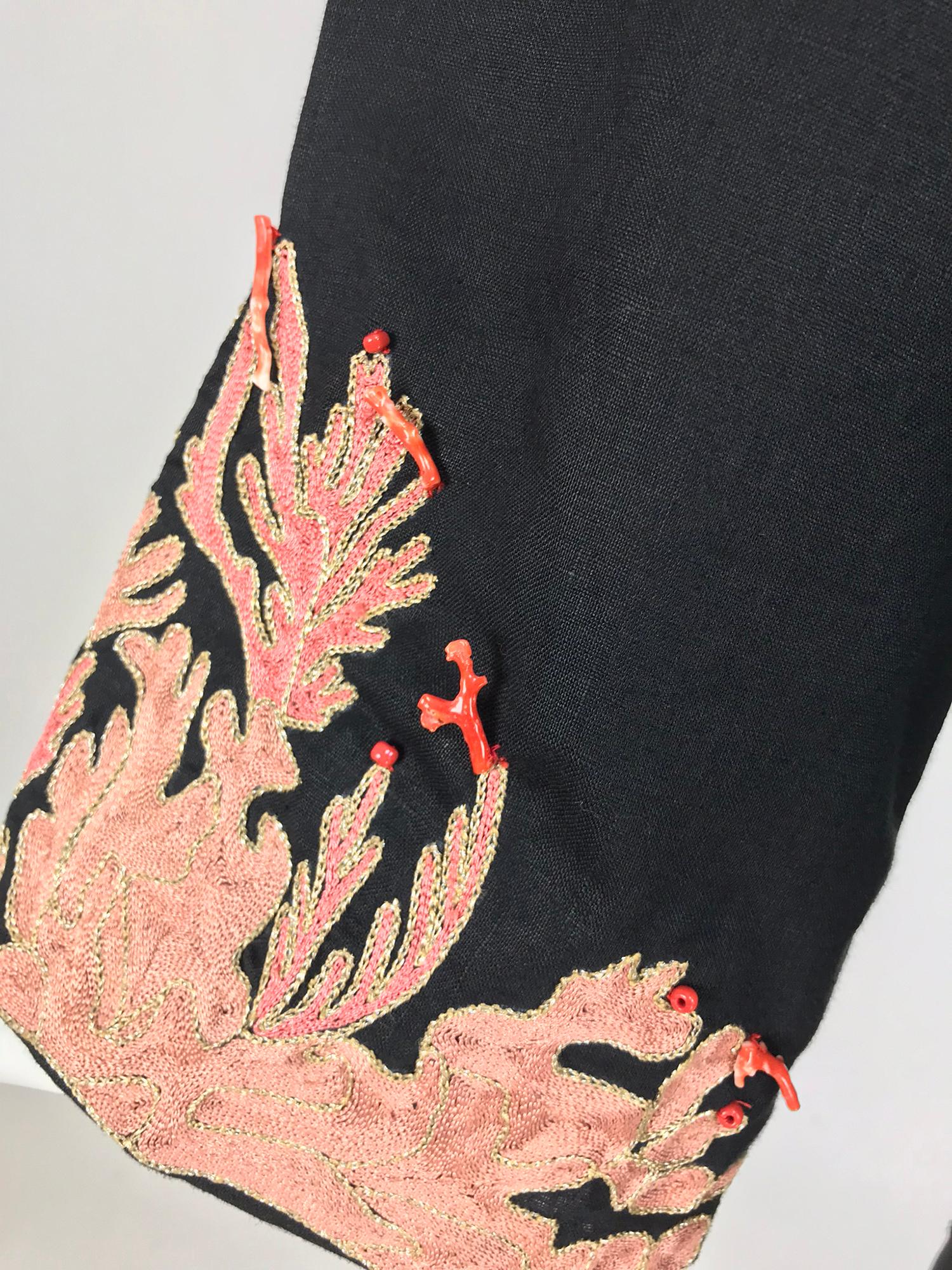 Jeannie McQueeny coral embroidered black linen caftan  10