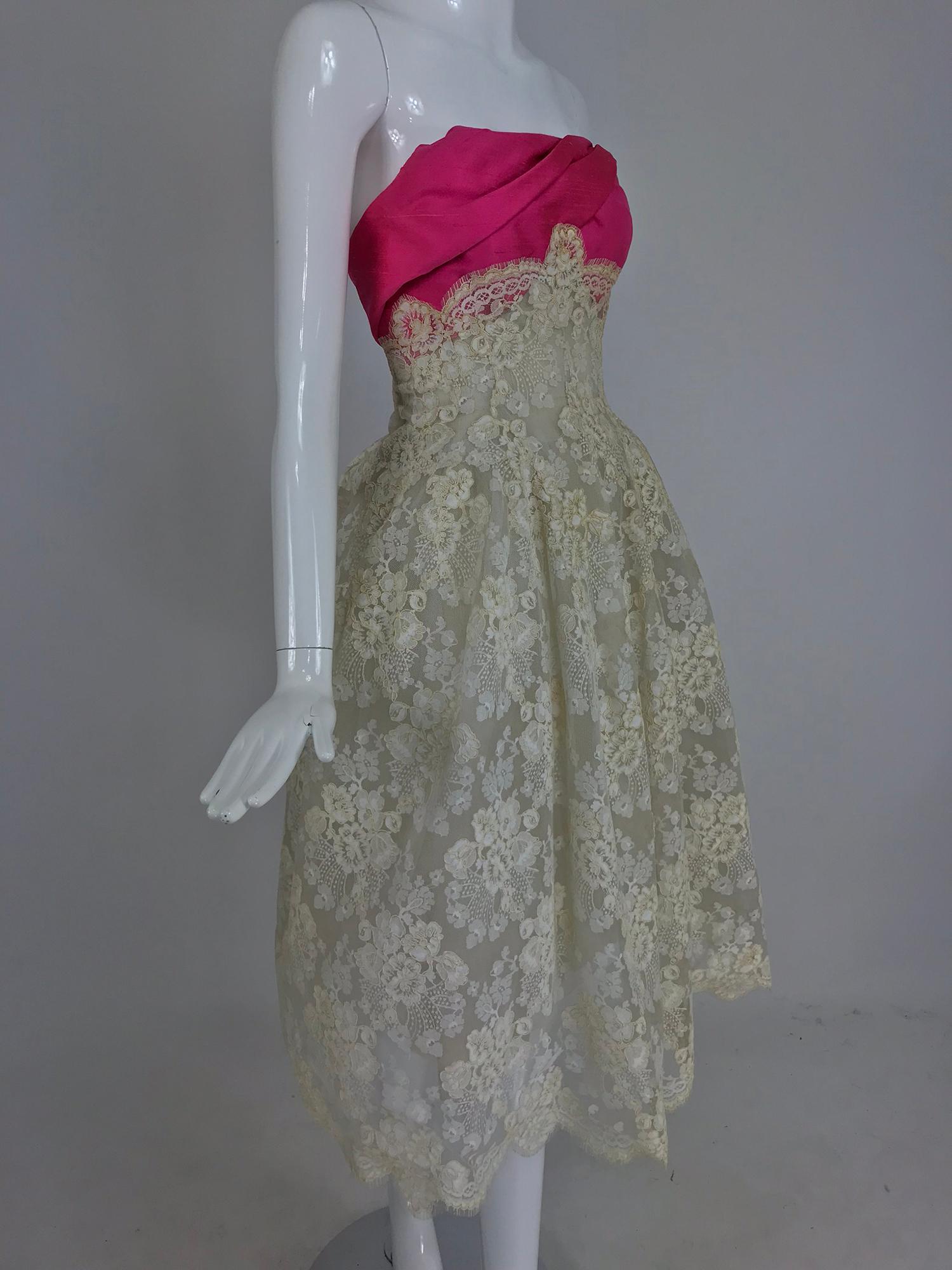White Hattie Carnegie Custom cream guipure lace pink silk strapless dress, 1950s