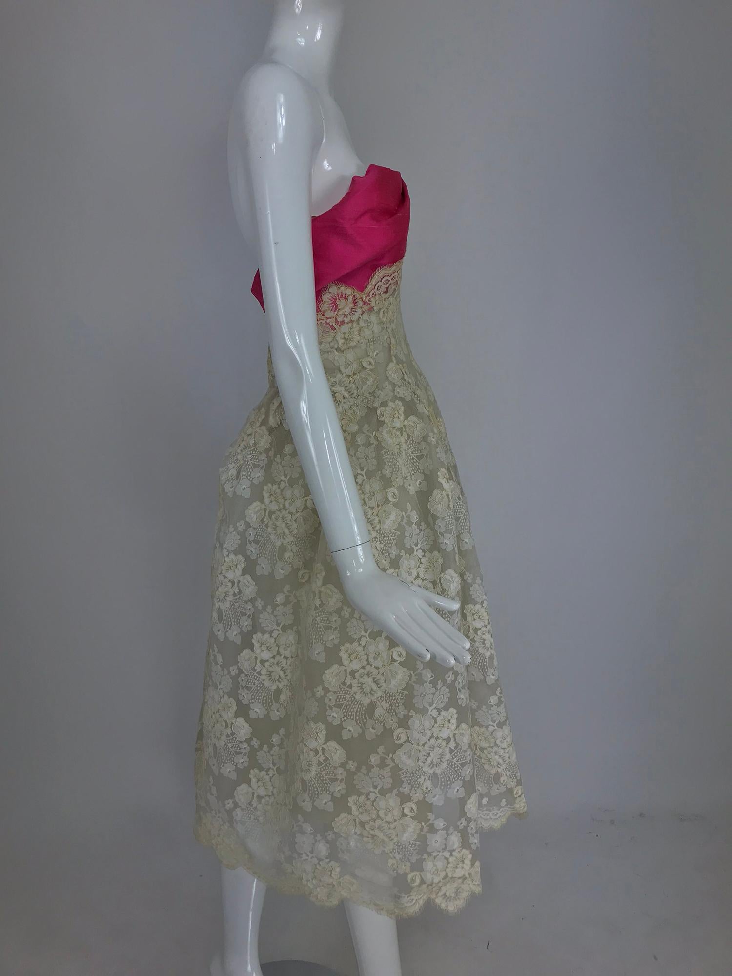 Women's Hattie Carnegie Custom cream guipure lace pink silk strapless dress, 1950s