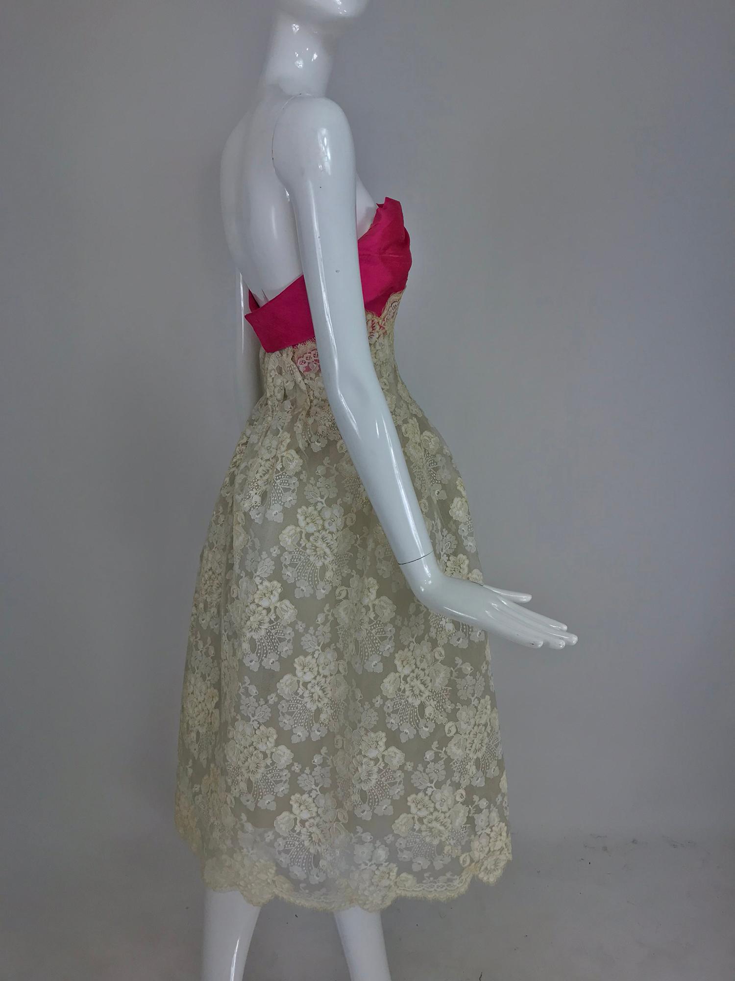 Hattie Carnegie Custom cream guipure lace pink silk strapless dress, 1950s 1