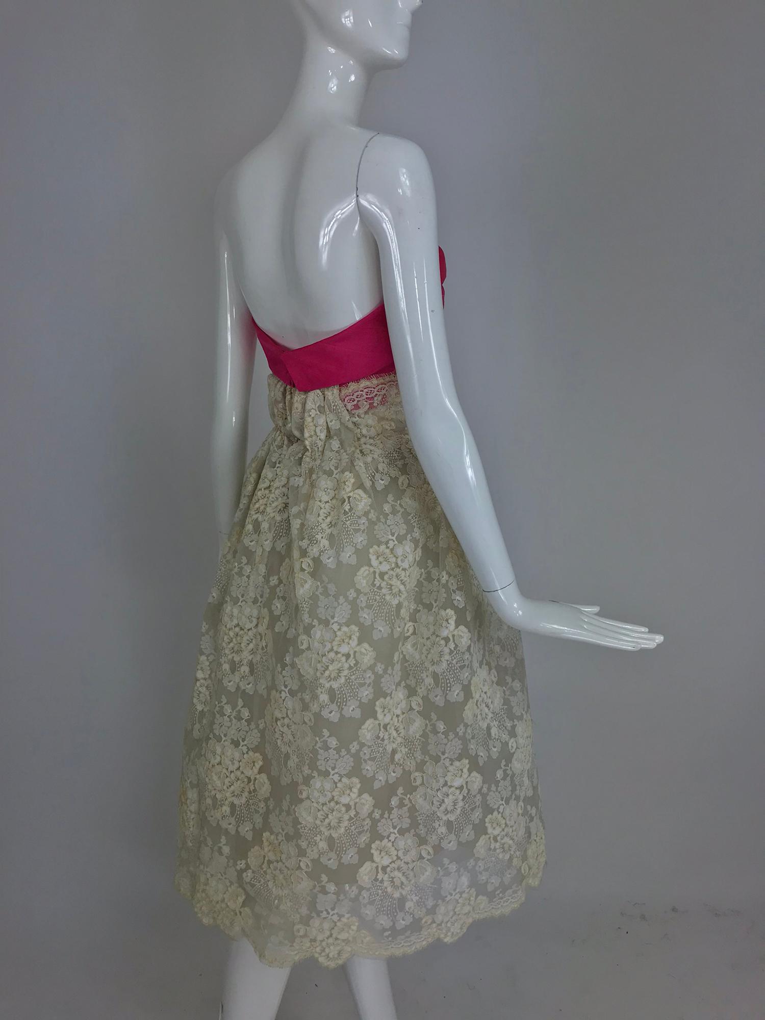 Hattie Carnegie Custom cream guipure lace pink silk strapless dress, 1950s 2