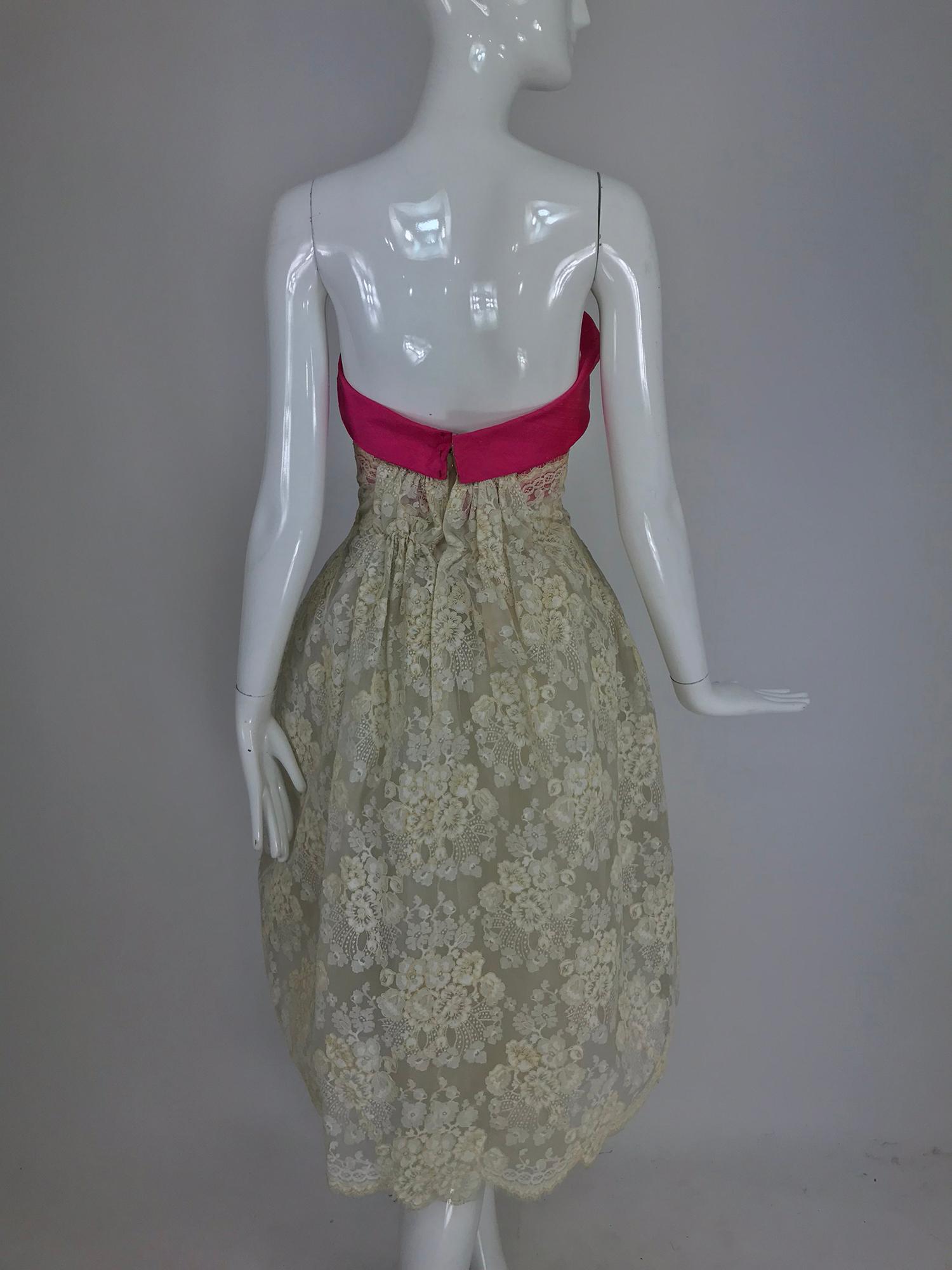 Hattie Carnegie Custom cream guipure lace pink silk strapless dress, 1950s 3