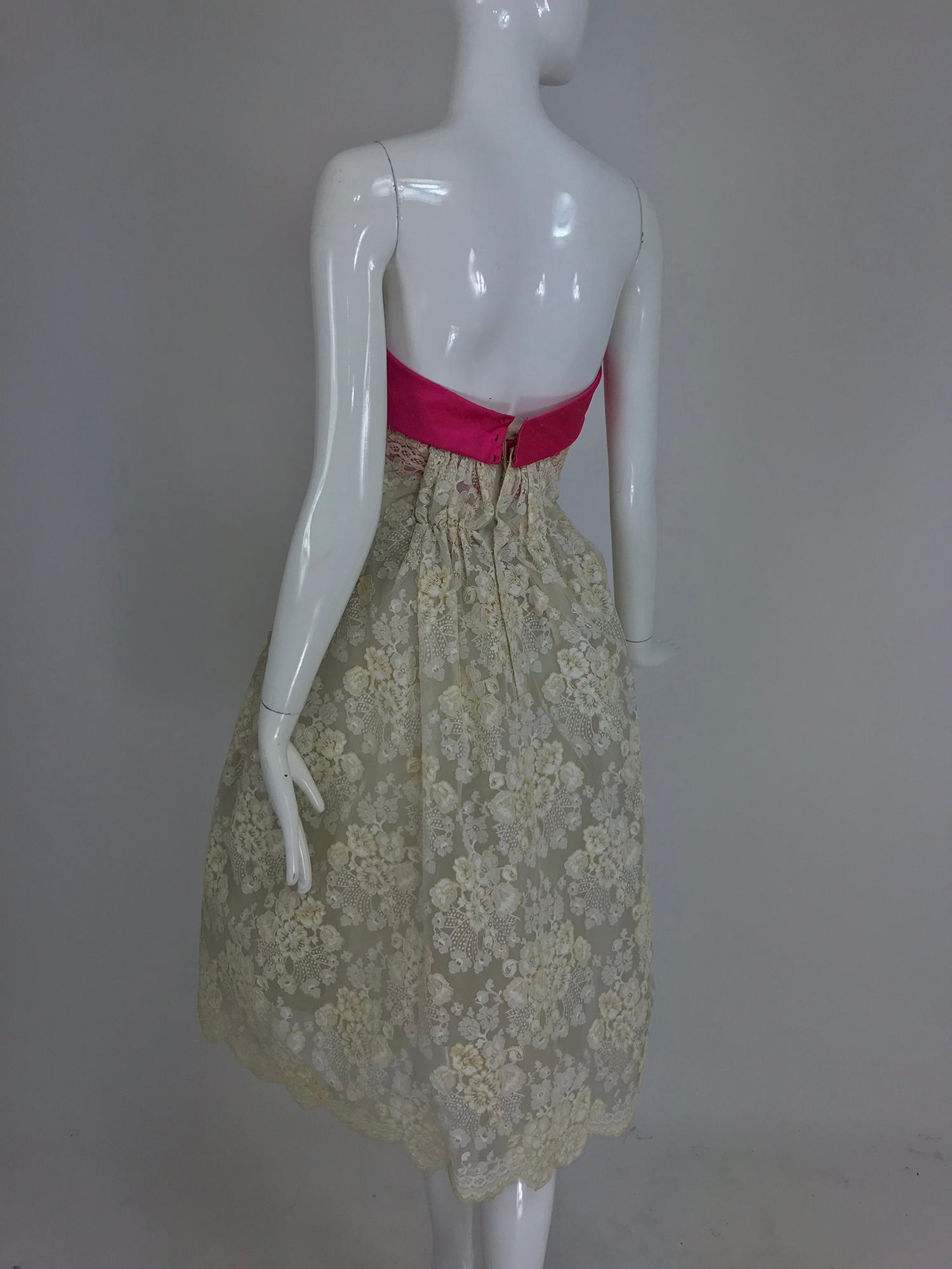 Hattie Carnegie Custom cream guipure lace pink silk strapless dress, 1950s 4