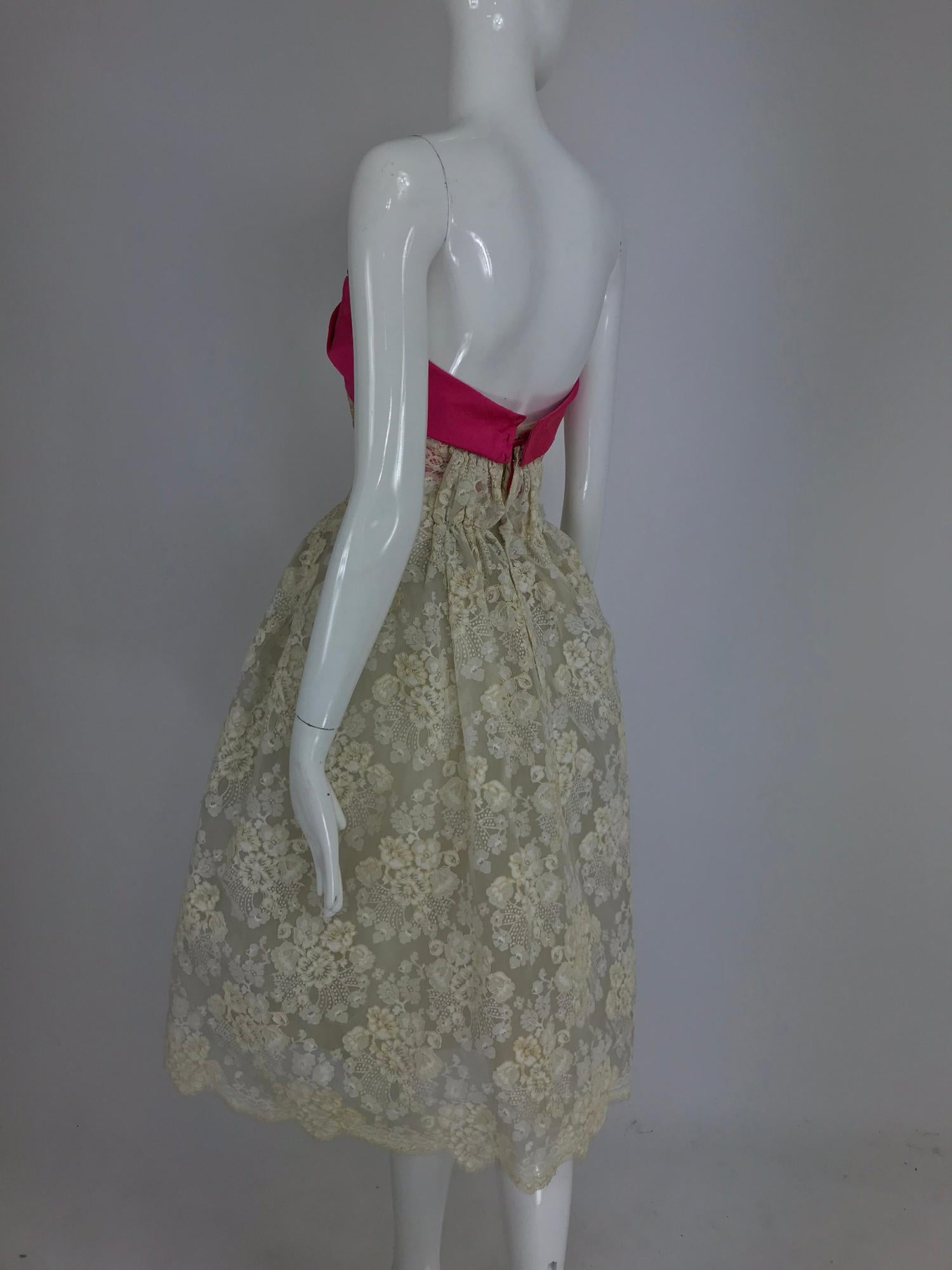Hattie Carnegie Custom cream guipure lace pink silk strapless dress, 1950s 5