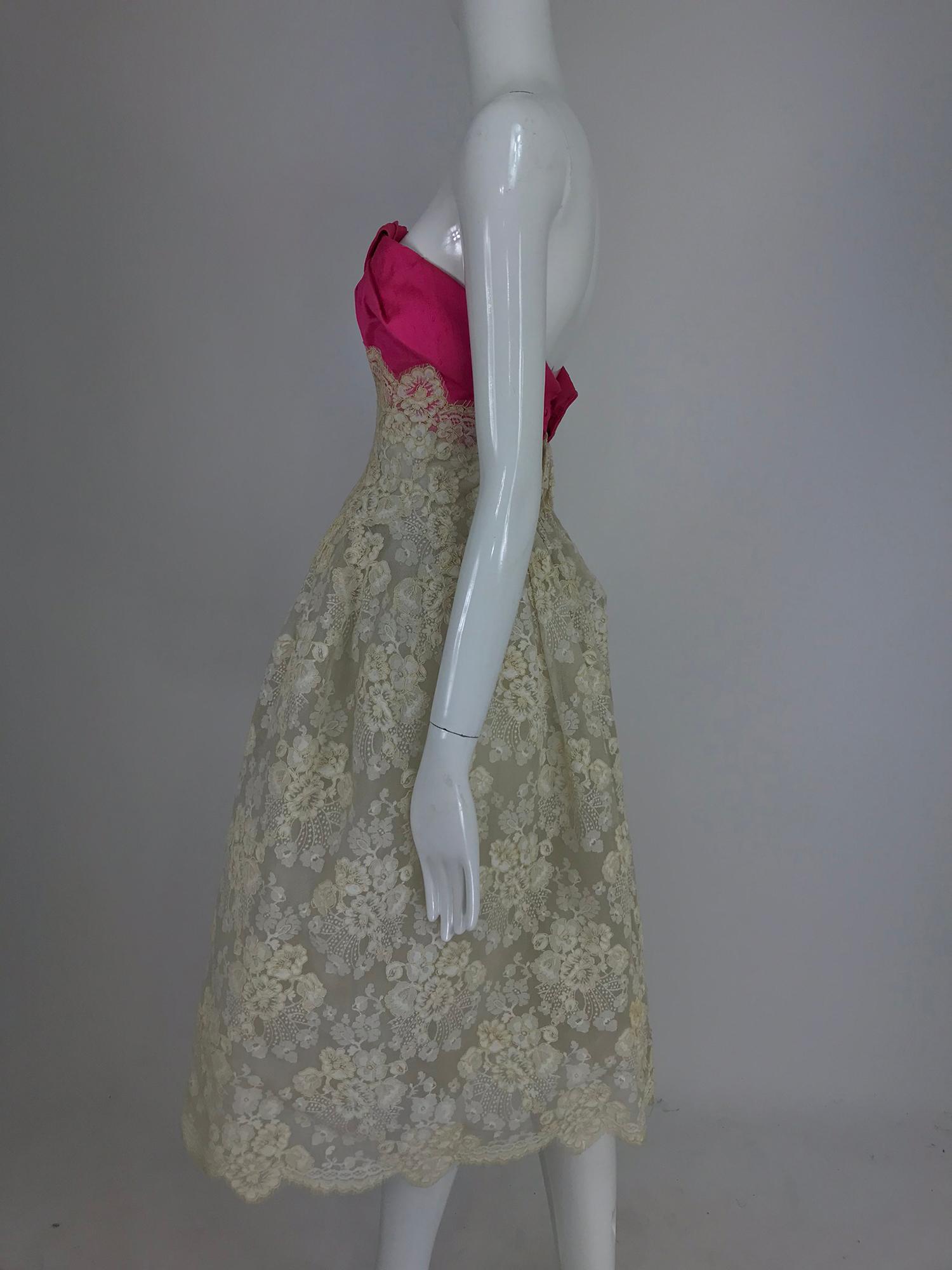 Hattie Carnegie Custom cream guipure lace pink silk strapless dress, 1950s 6