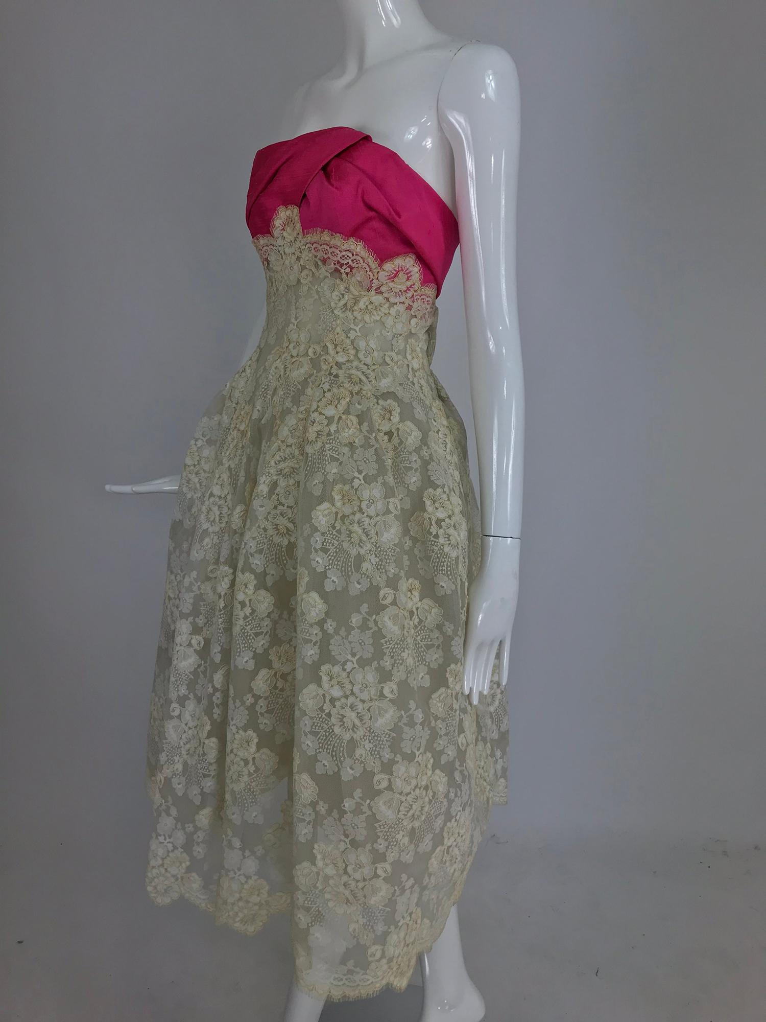 Hattie Carnegie Custom cream guipure lace pink silk strapless dress, 1950s 7