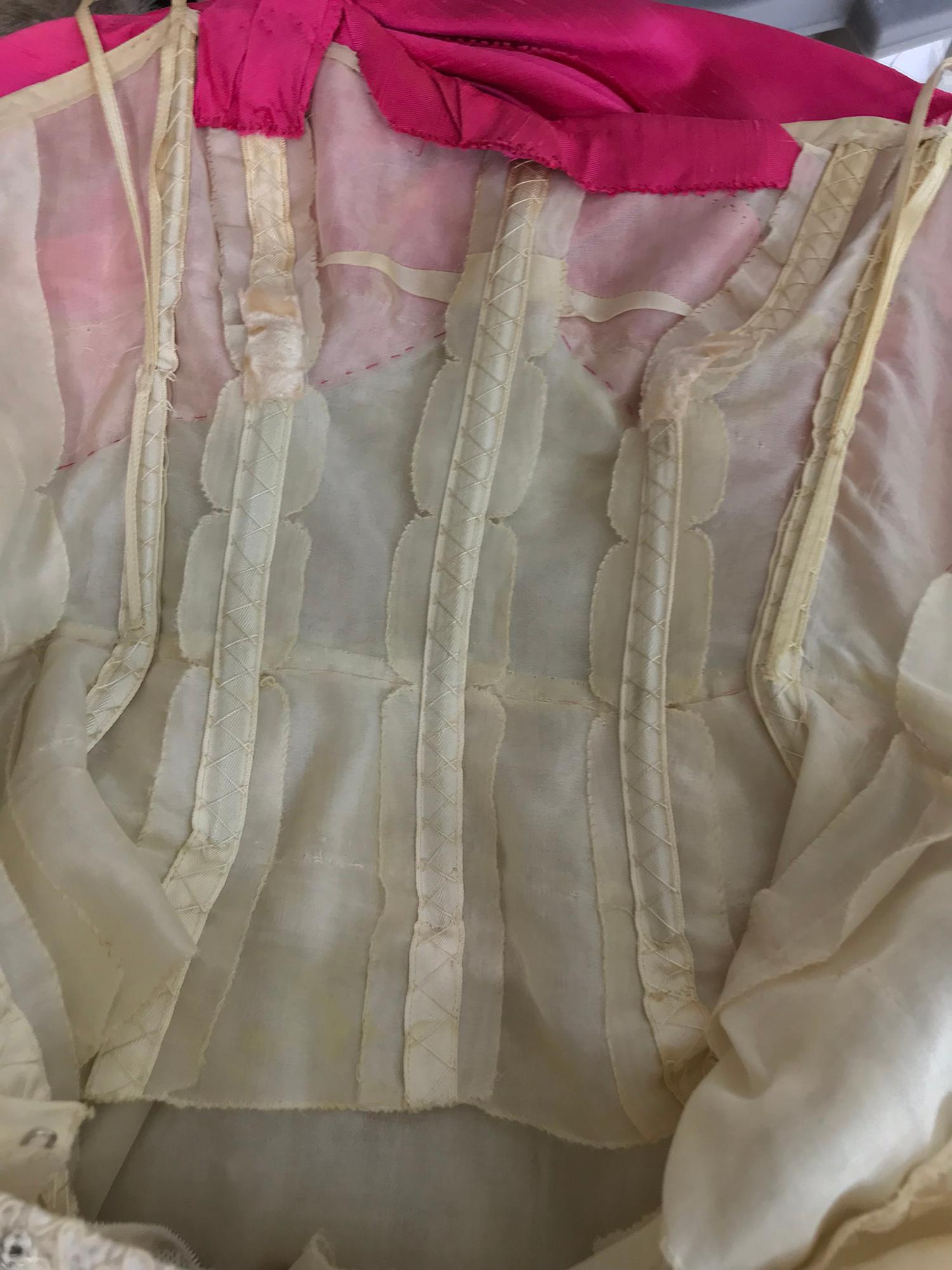 Hattie Carnegie Custom cream guipure lace pink silk strapless dress, 1950s 8