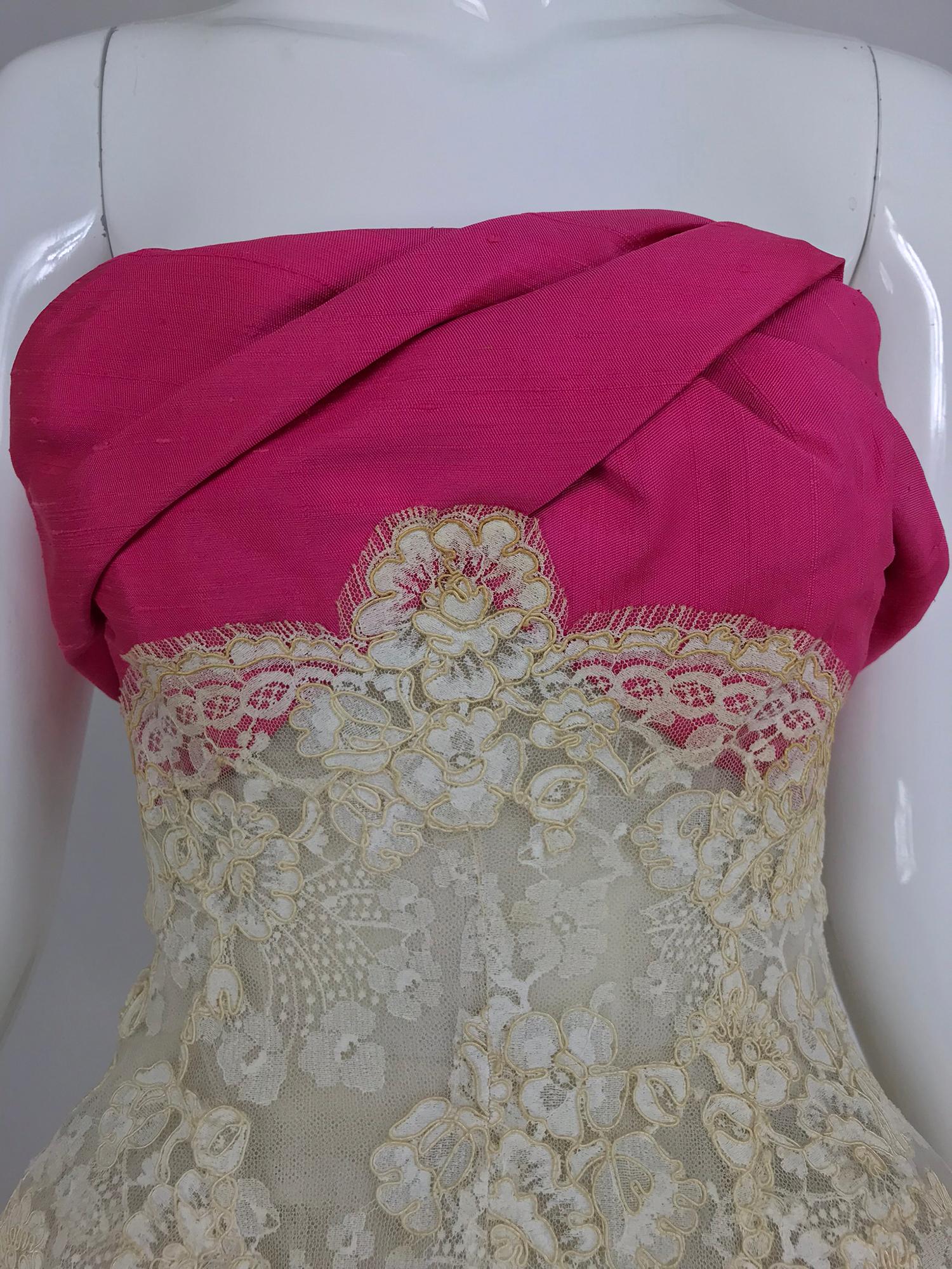 Hattie Carnegie Custom cream guipure lace pink silk strapless dress, 1950s 9