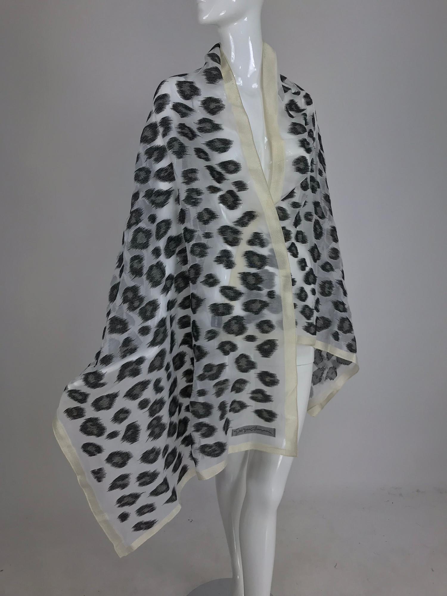 Giorgio Armani large sheer cream and woven black silk leopard spot shawl. The perfect evening wrap. Approximately 29 1/2