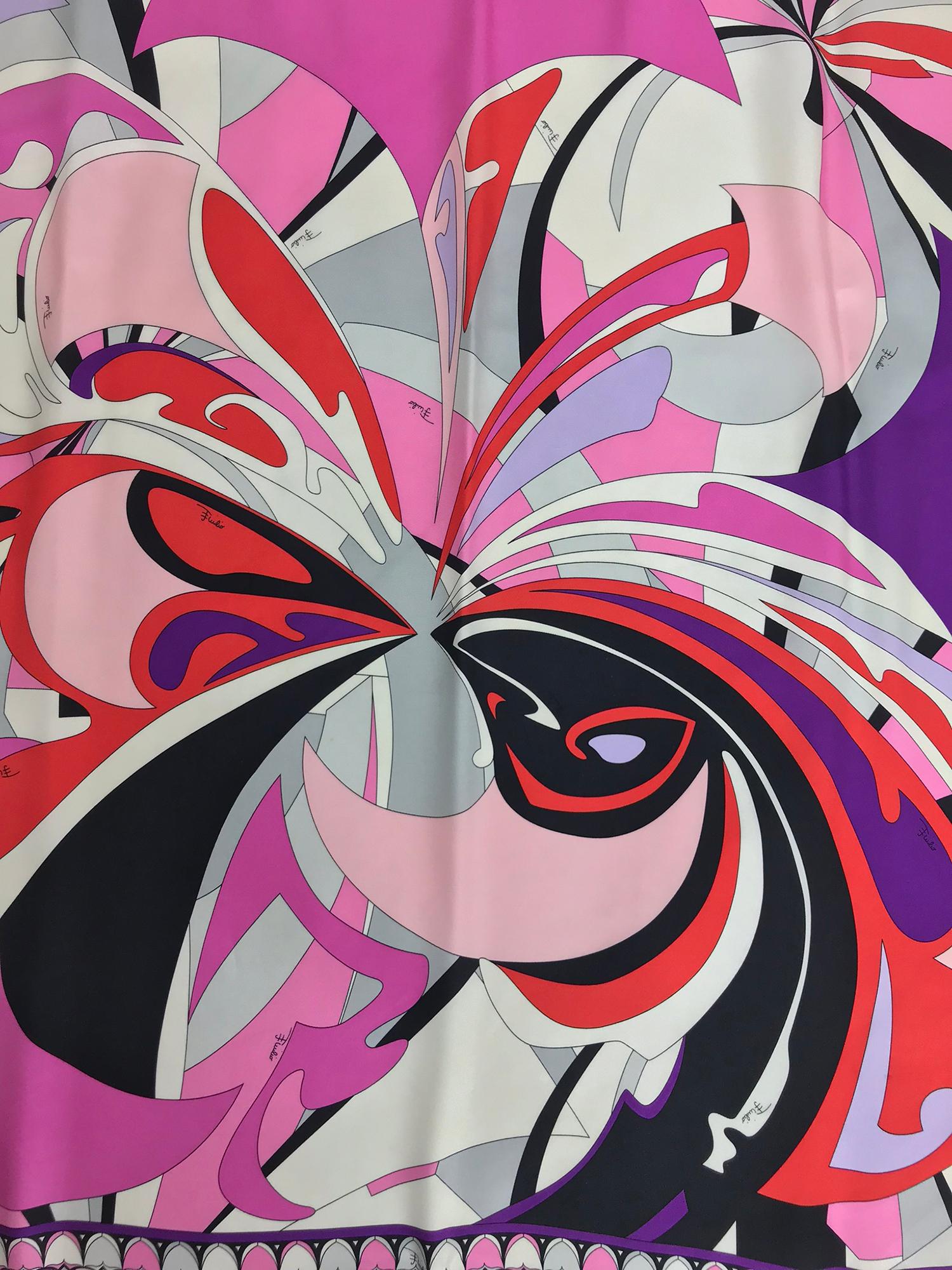 Pucci signed silk twill print scarf in hot pink, orange, purple, black, pale pink and white. Hand rolled edge. In excellent condition. 34