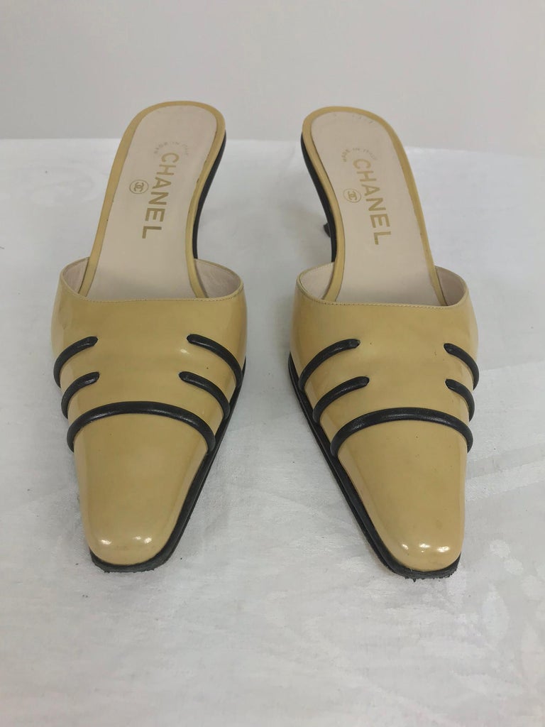 Chanel tan and black patent Louis heel leather mules with box 37 1/2 M For  Sale at 1stDibs | tan mules, black patent mules, black patent leather mules