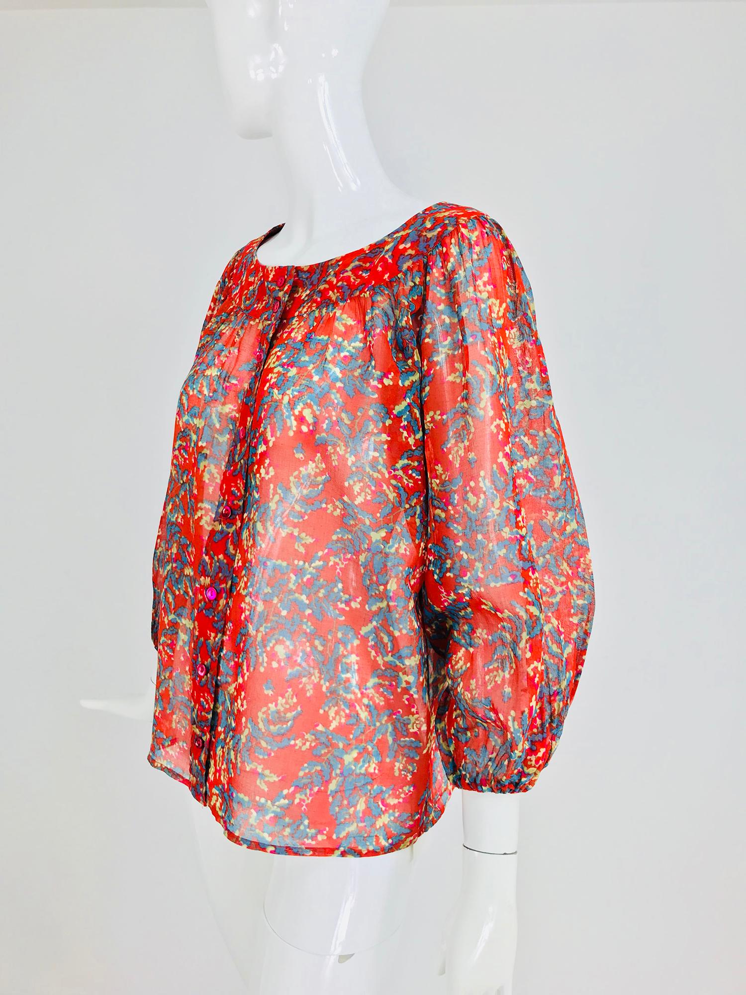 Pink Yves Saint Laurent sheer floral cotton peasant blouse 1970s