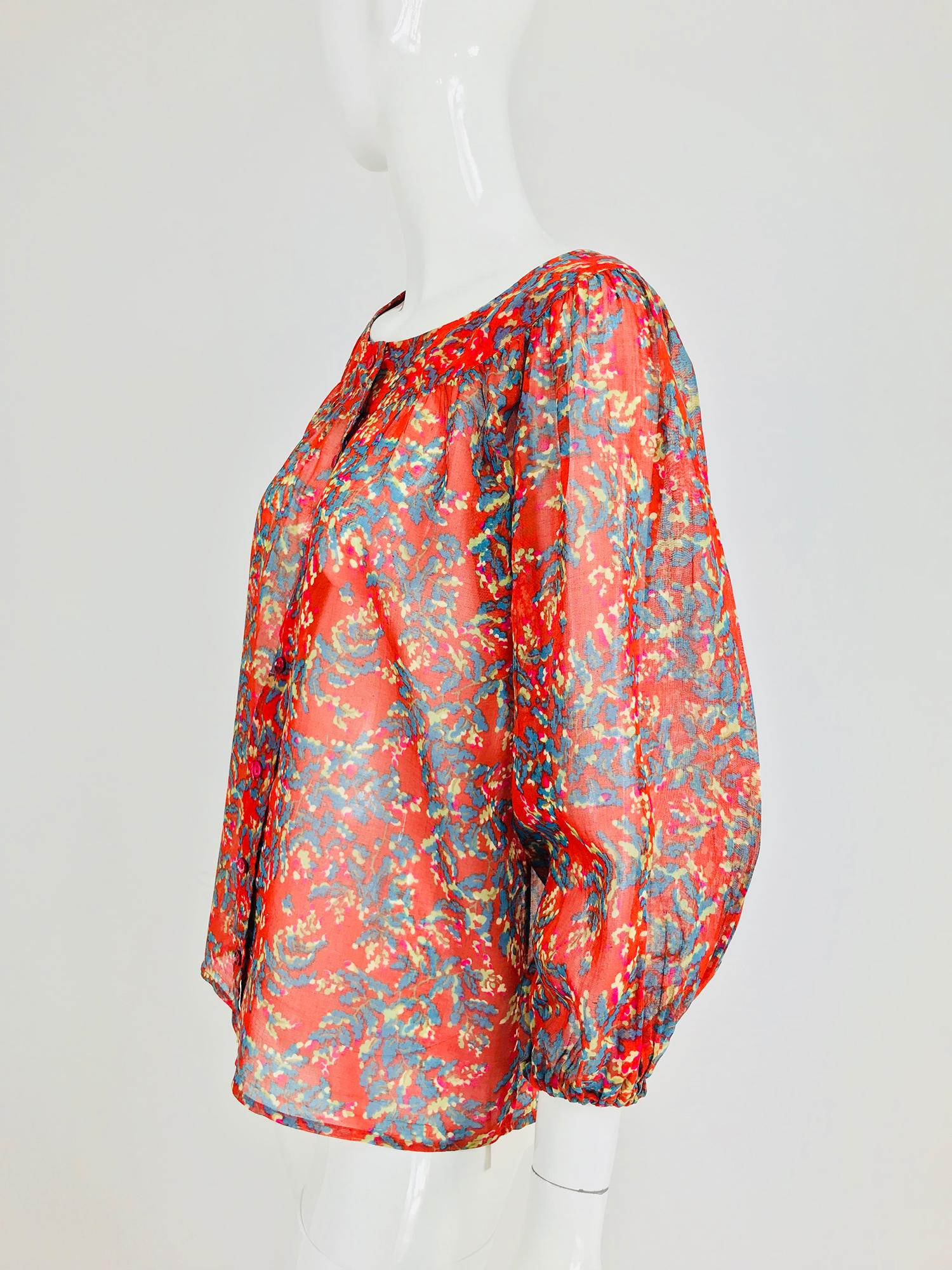 Yves Saint Laurent sheer floral cotton peasant blouse 1970s In Excellent Condition In West Palm Beach, FL