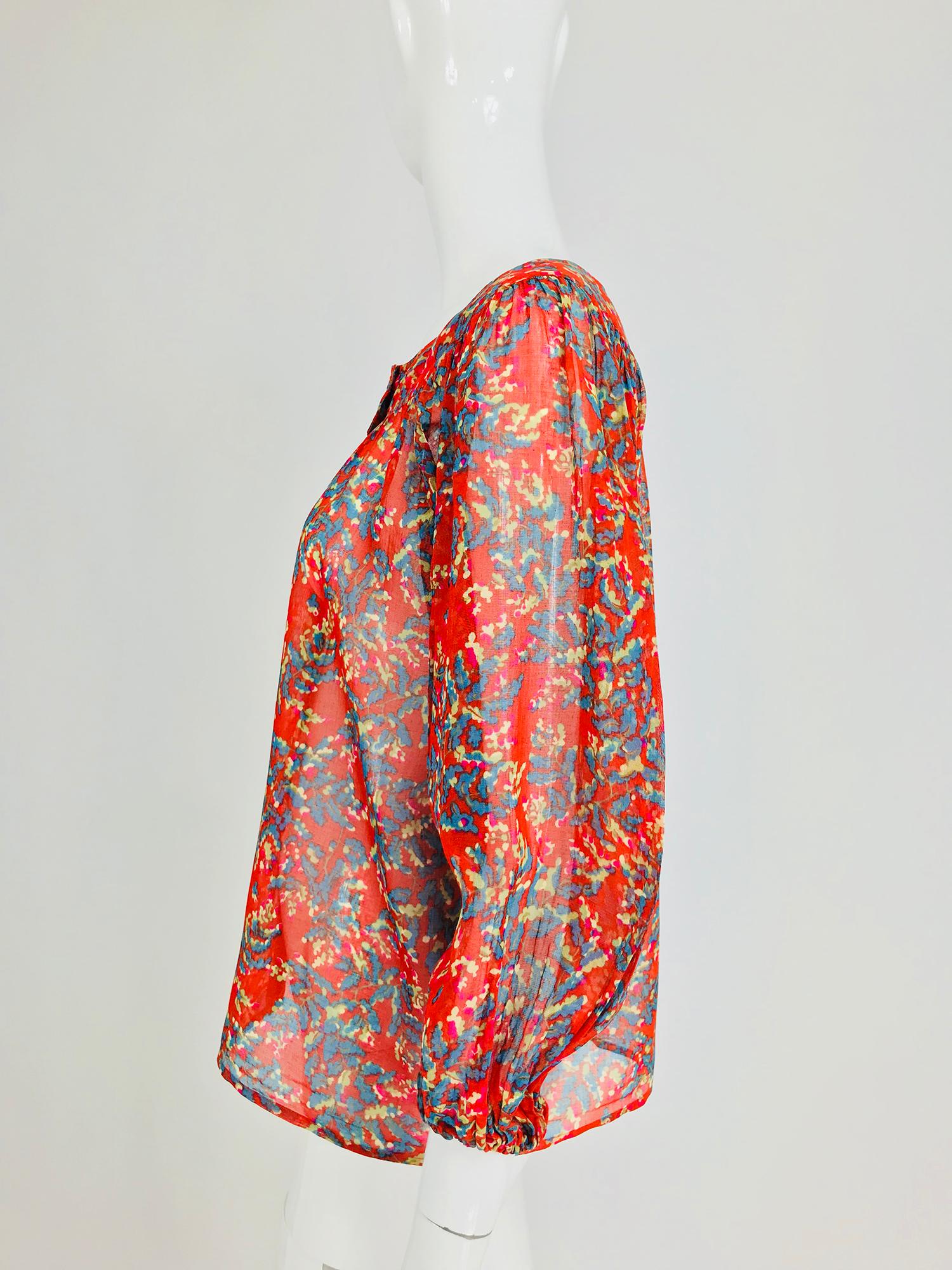 Women's Yves Saint Laurent sheer floral cotton peasant blouse 1970s