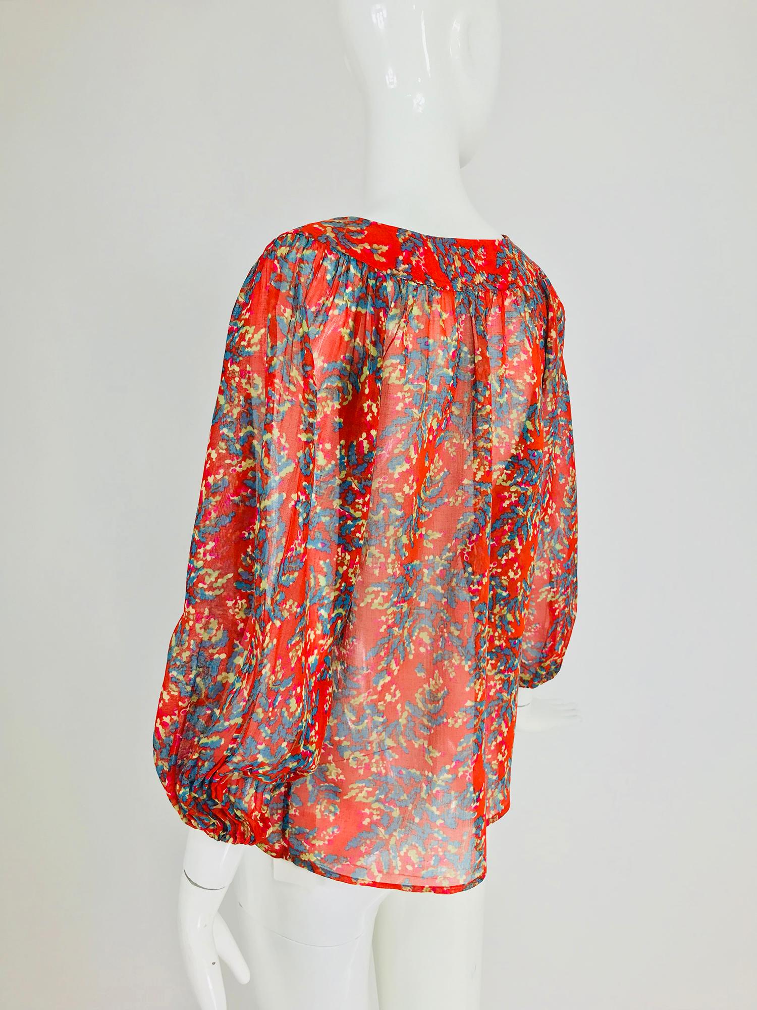 Yves Saint Laurent sheer floral cotton peasant blouse 1970s 1