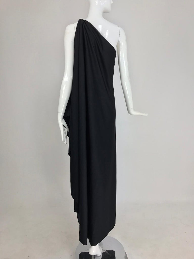 c1976 Halston Black Draped Plunge Front Caped Back Jersey Dress